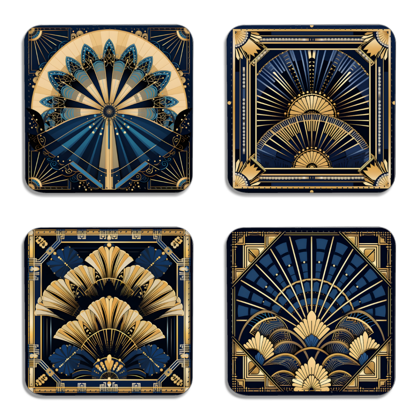 Deco Elegance In Blue Art Deco Set Of 4 PU Leather Coasters