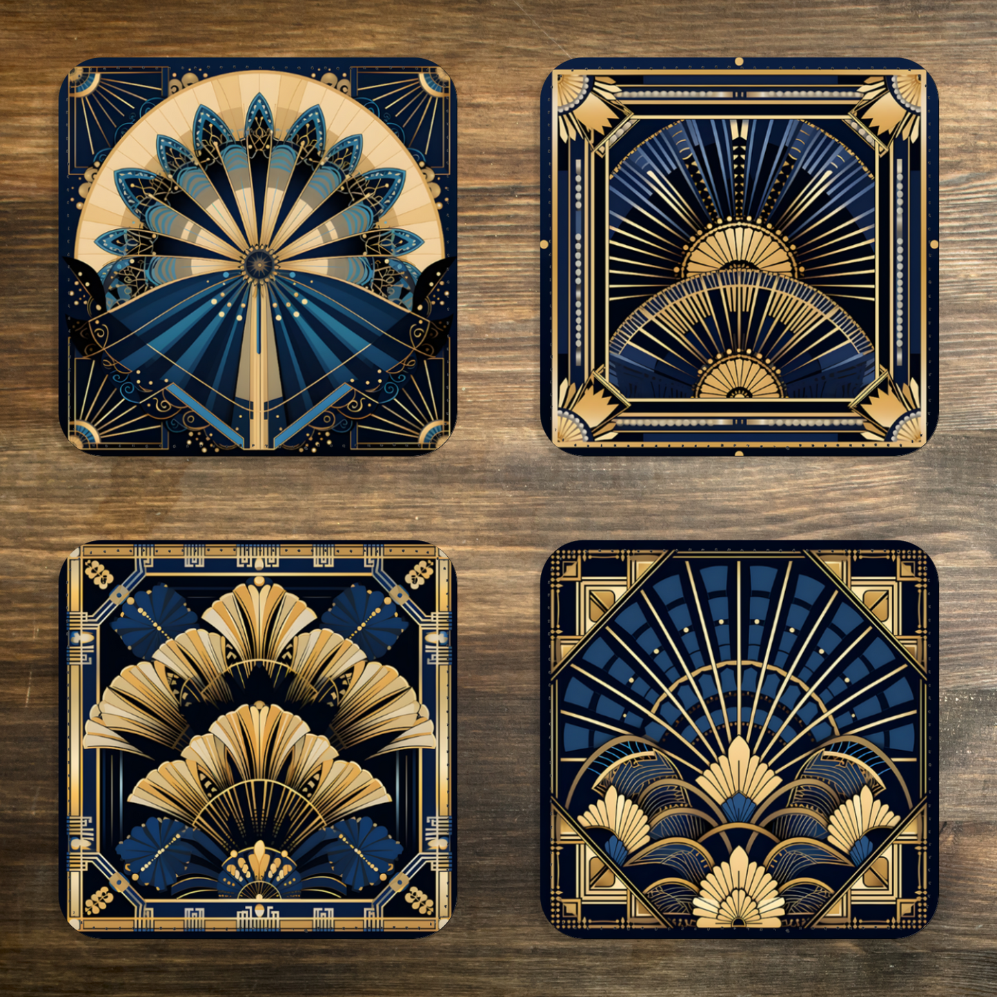 Deco Elegance In Blue Art Deco Set Of 4 PU Leather Coasters