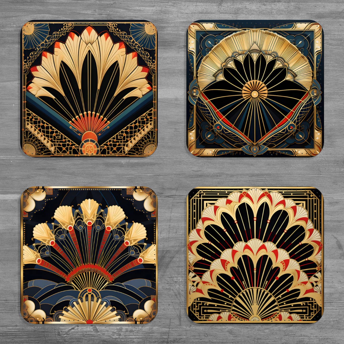 Deco Elegance In Red Art Deco Set Of 4 PU Leather Coasters
