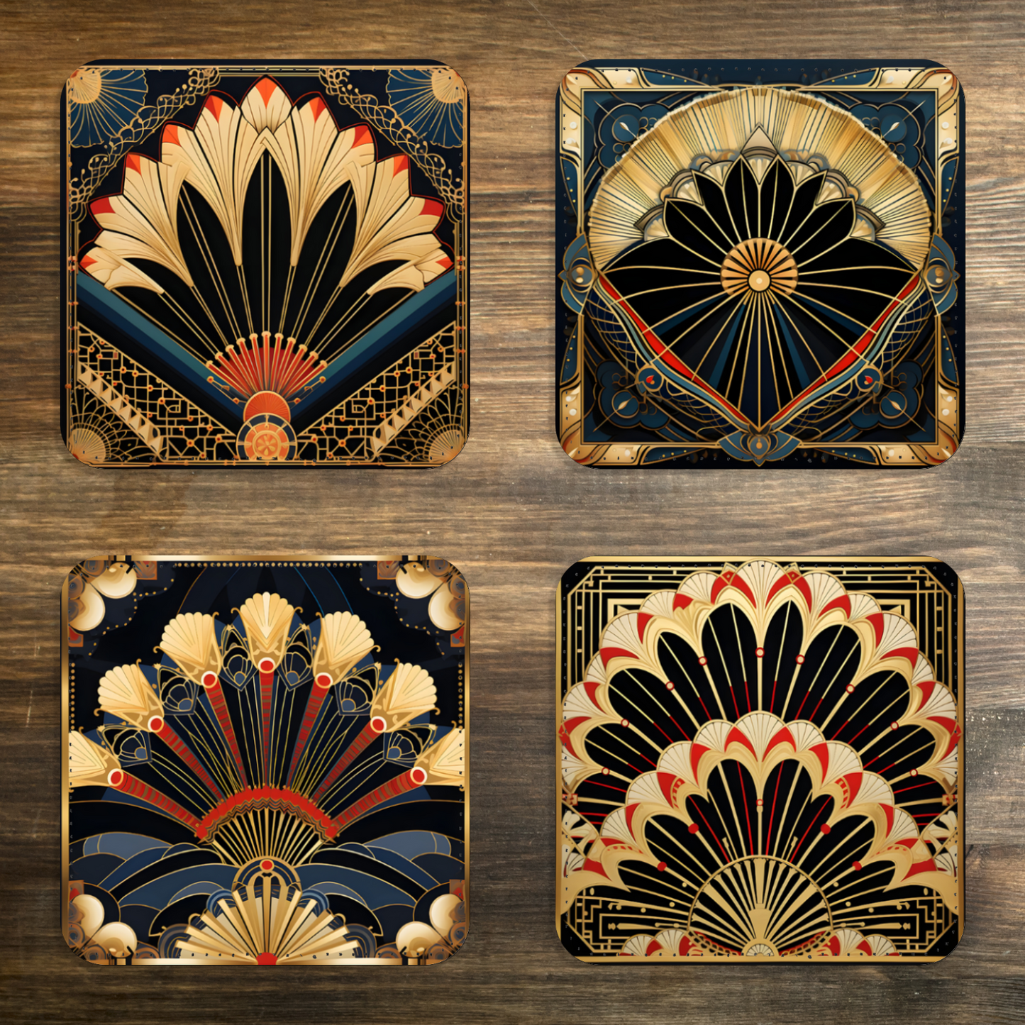 Deco Elegance In Red Art Deco Set Of 4 PU Leather Coasters