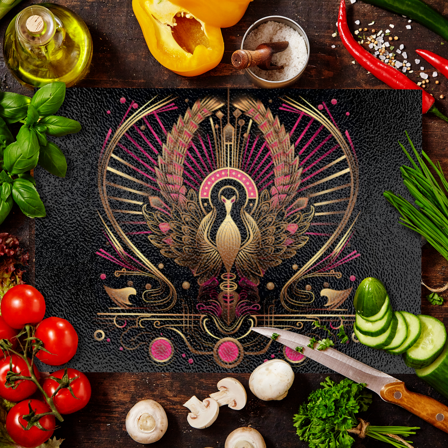 Celestial Aviary Art Deco Design 1 Textured Glass Chopping Boards