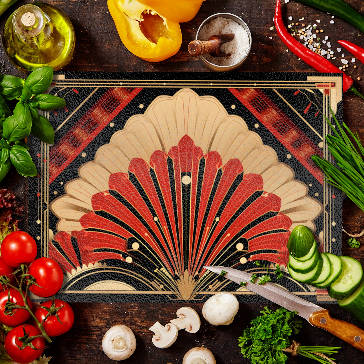 Deco Elegance In Red Art Deco Textured Glass Chopping Boards
