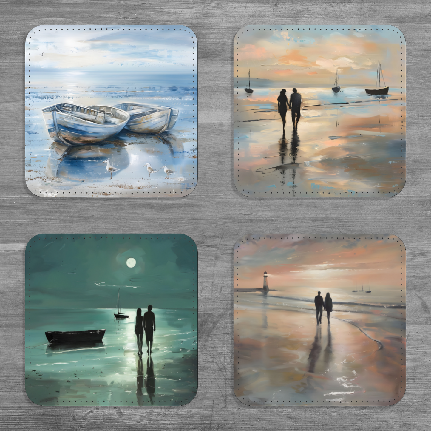 Coastal Whispers Series Set Of 4 PU Leather Coasters