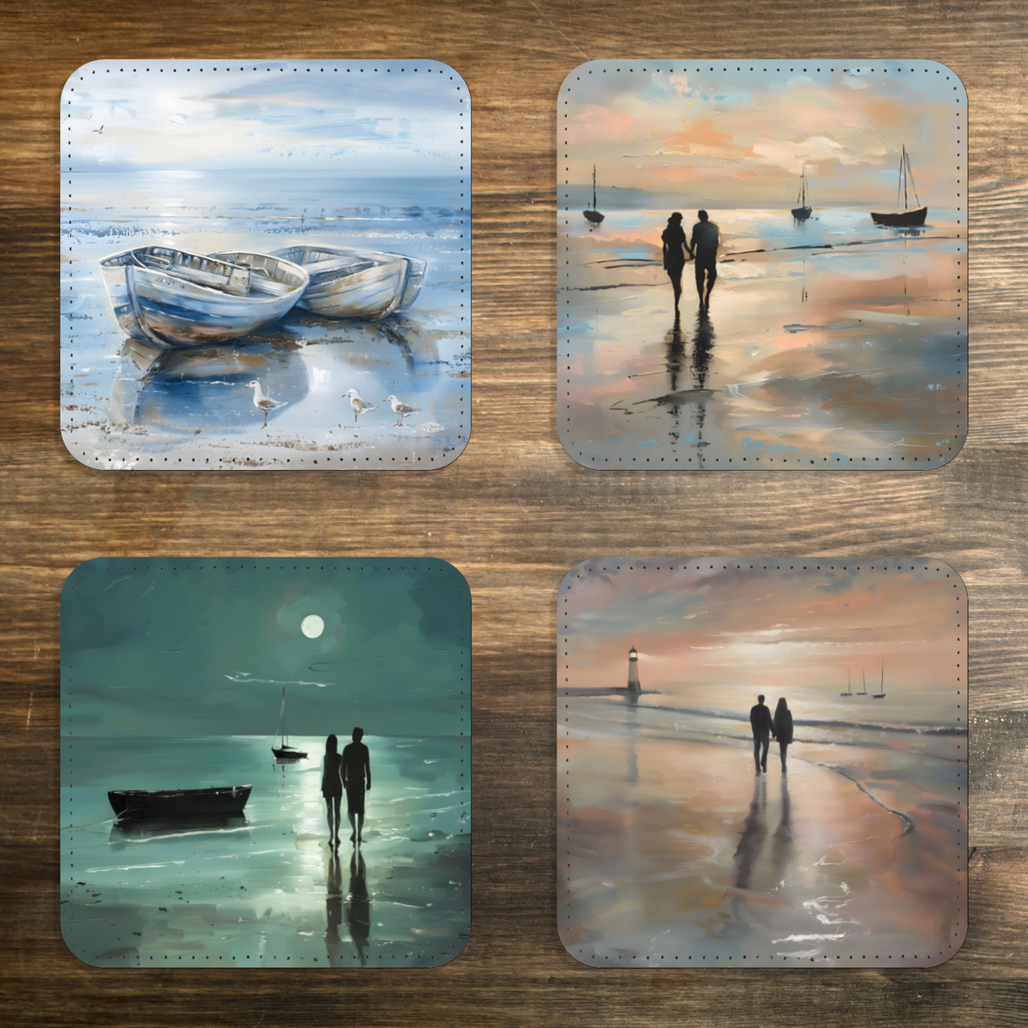 Coastal Whispers Series Set Of 4 PU Leather Coasters