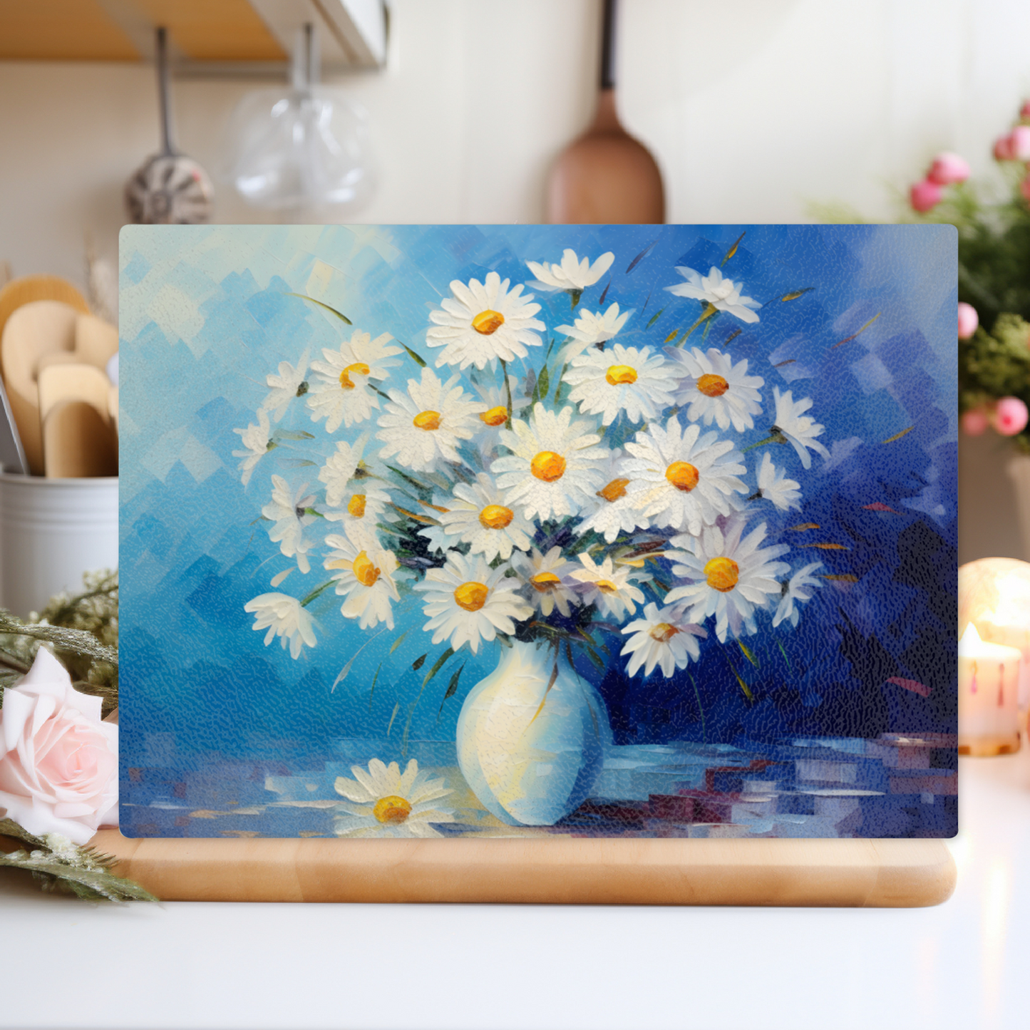 Sunlit Daisies in Blue Textured Glass Chopping Boards