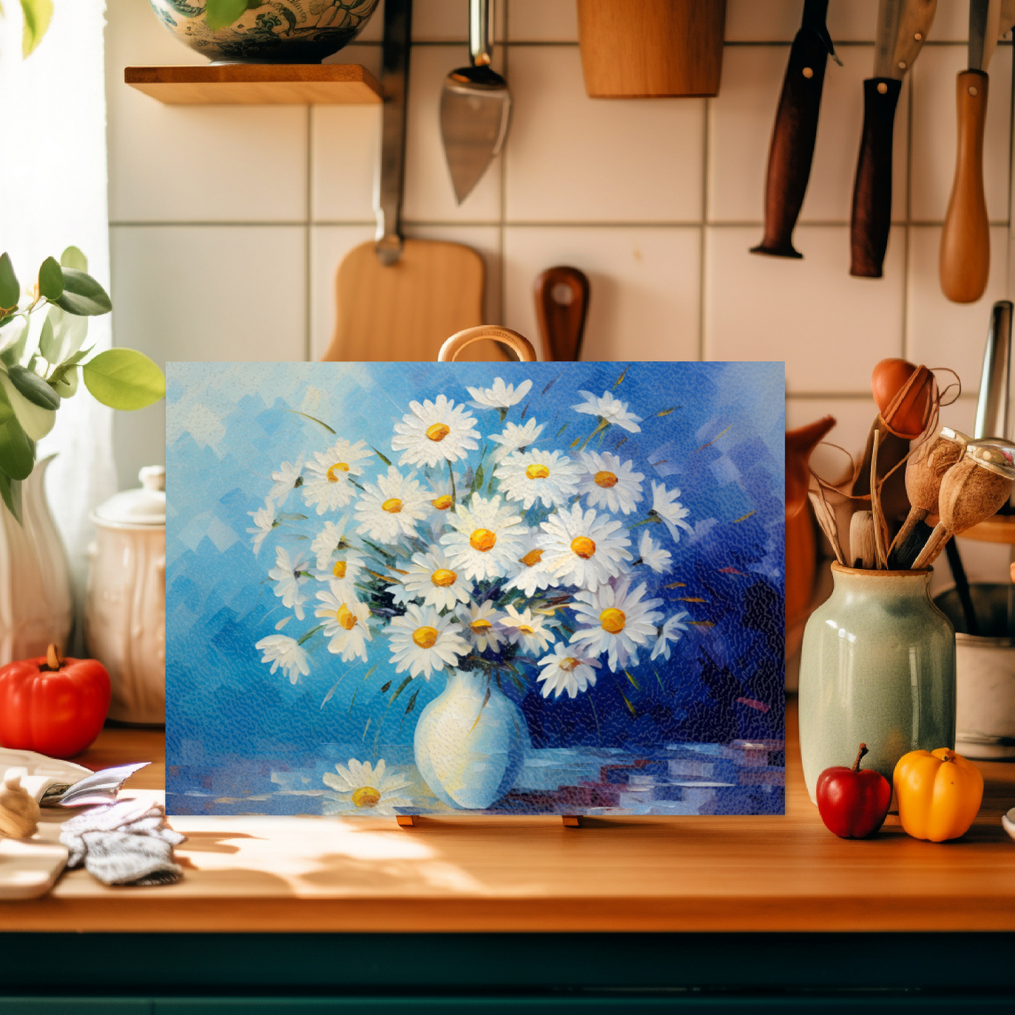 Sunlit Daisies in Blue Textured Glass Chopping Boards