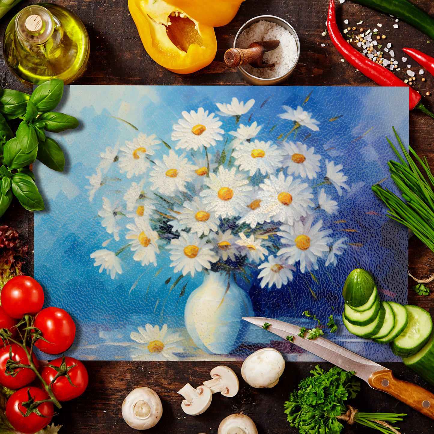 Sunlit Daisies in Blue Textured Glass Chopping Boards