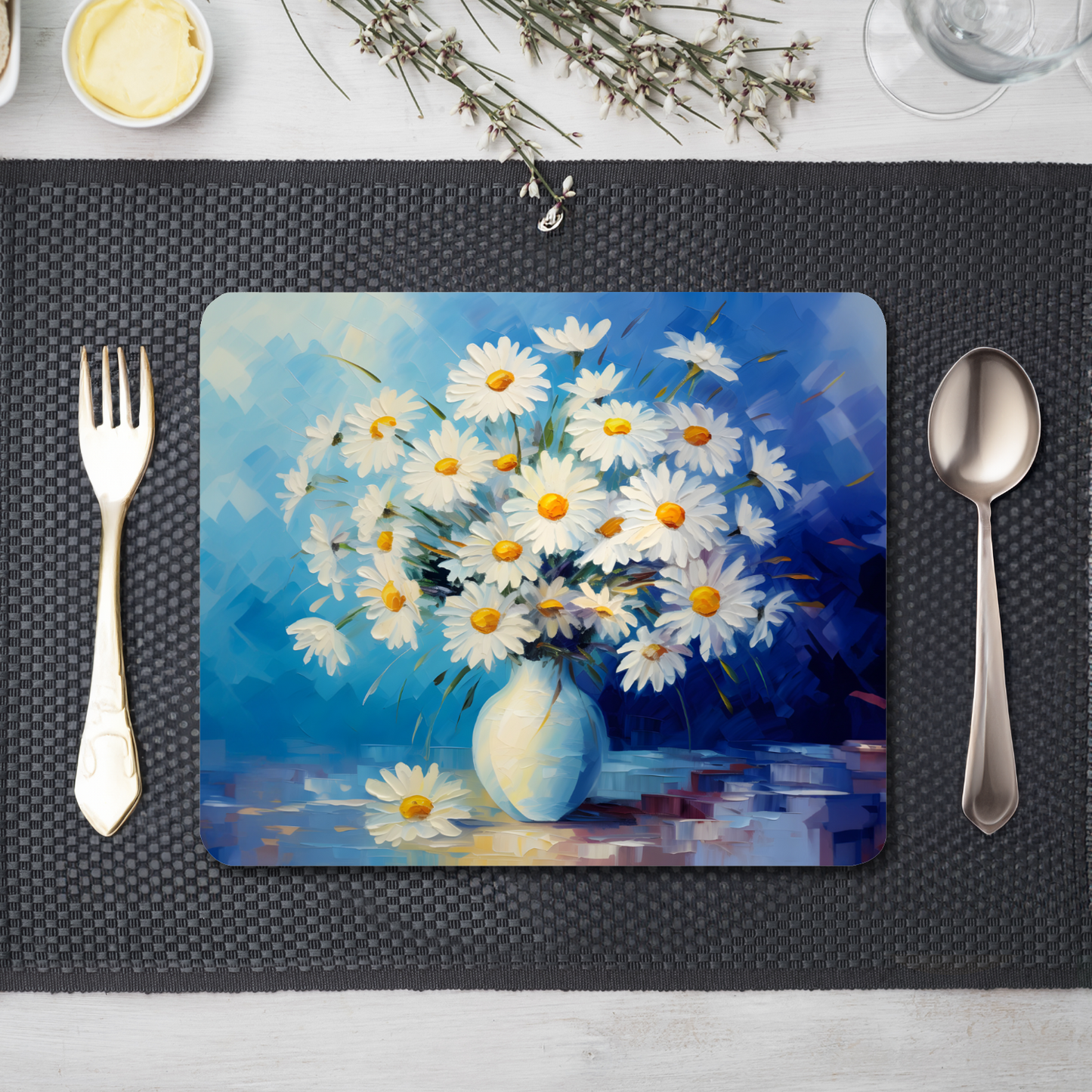 Sunlit Daisies in Blue Wooden Placemat
