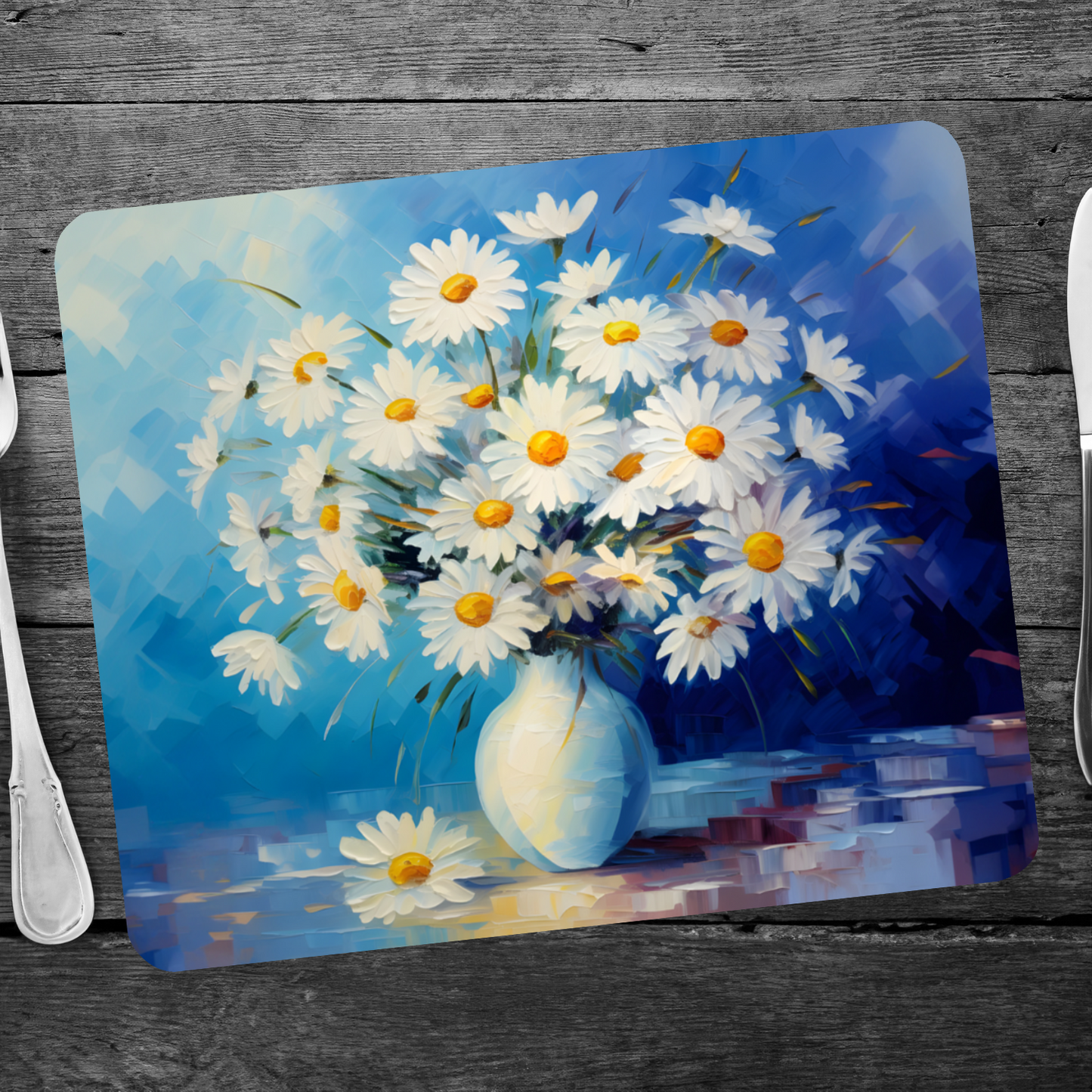Sunlit Daisies in Blue Wooden Placemat