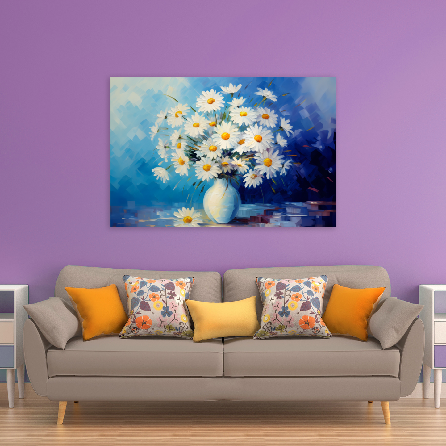 Sunlit Daisies in Blue Deluxe Box Landscape Canvas Print