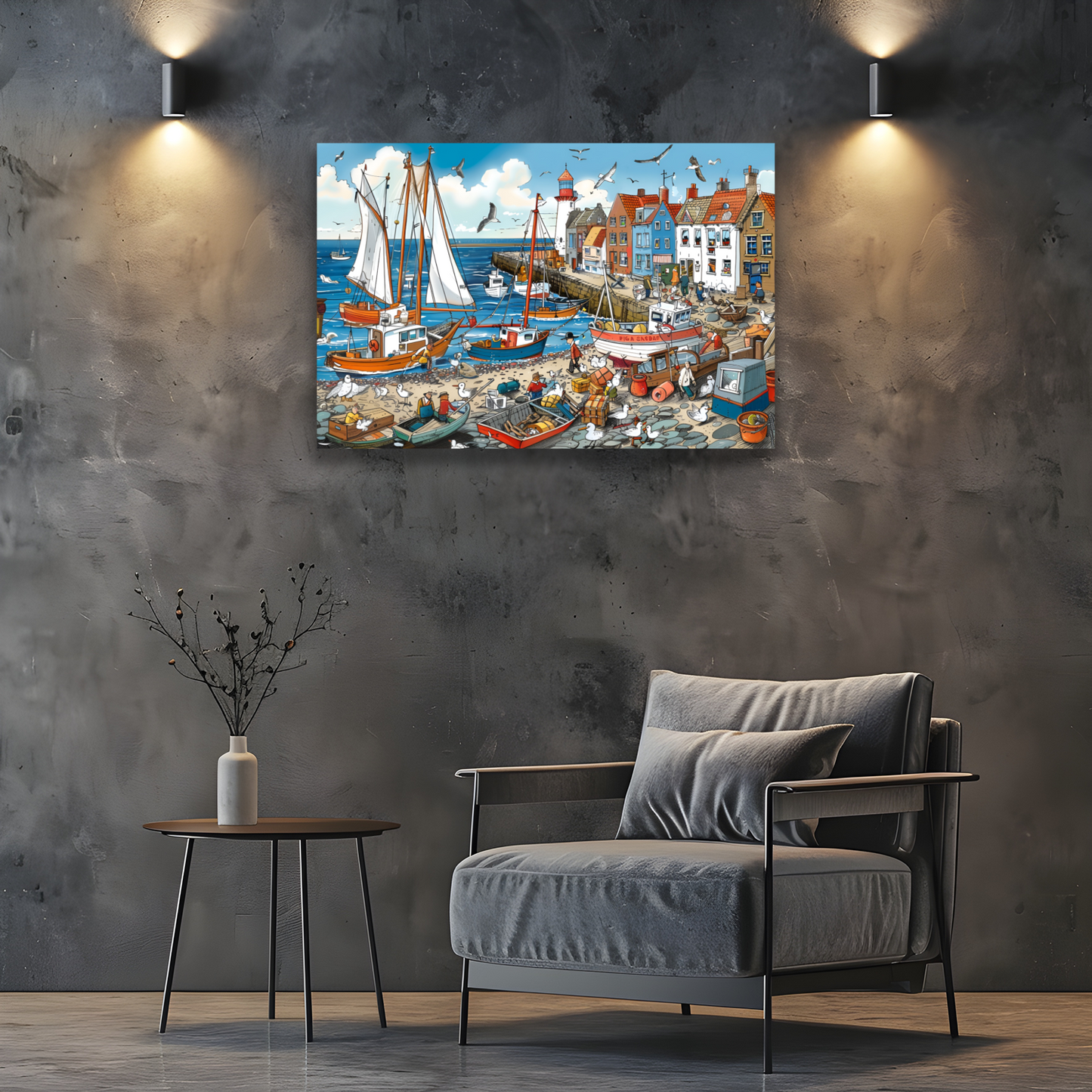 Seaside Harbor Bustle Deluxe Box Canvas Prints Landscape