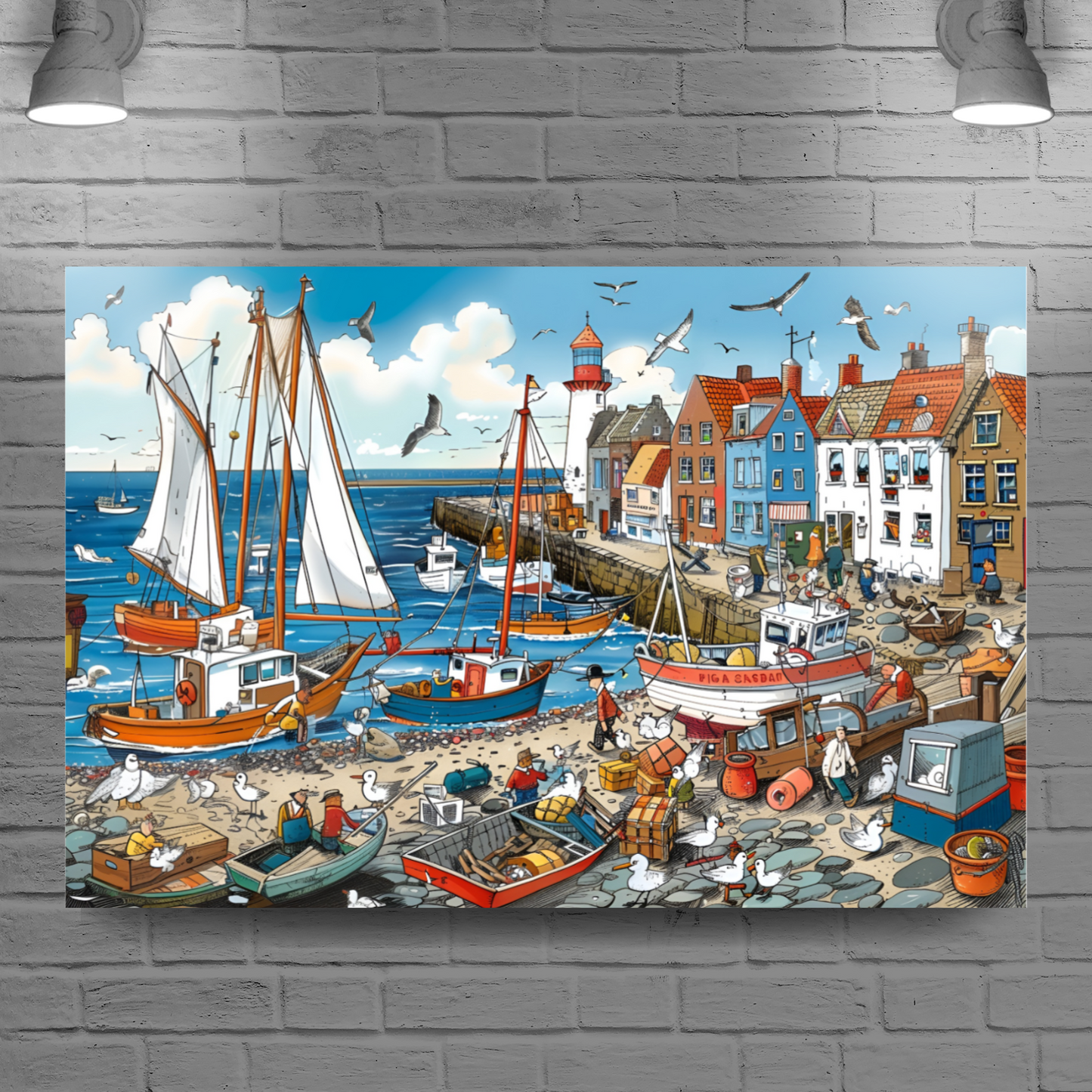 Seaside Harbor Bustle Deluxe Box Canvas Prints Landscape