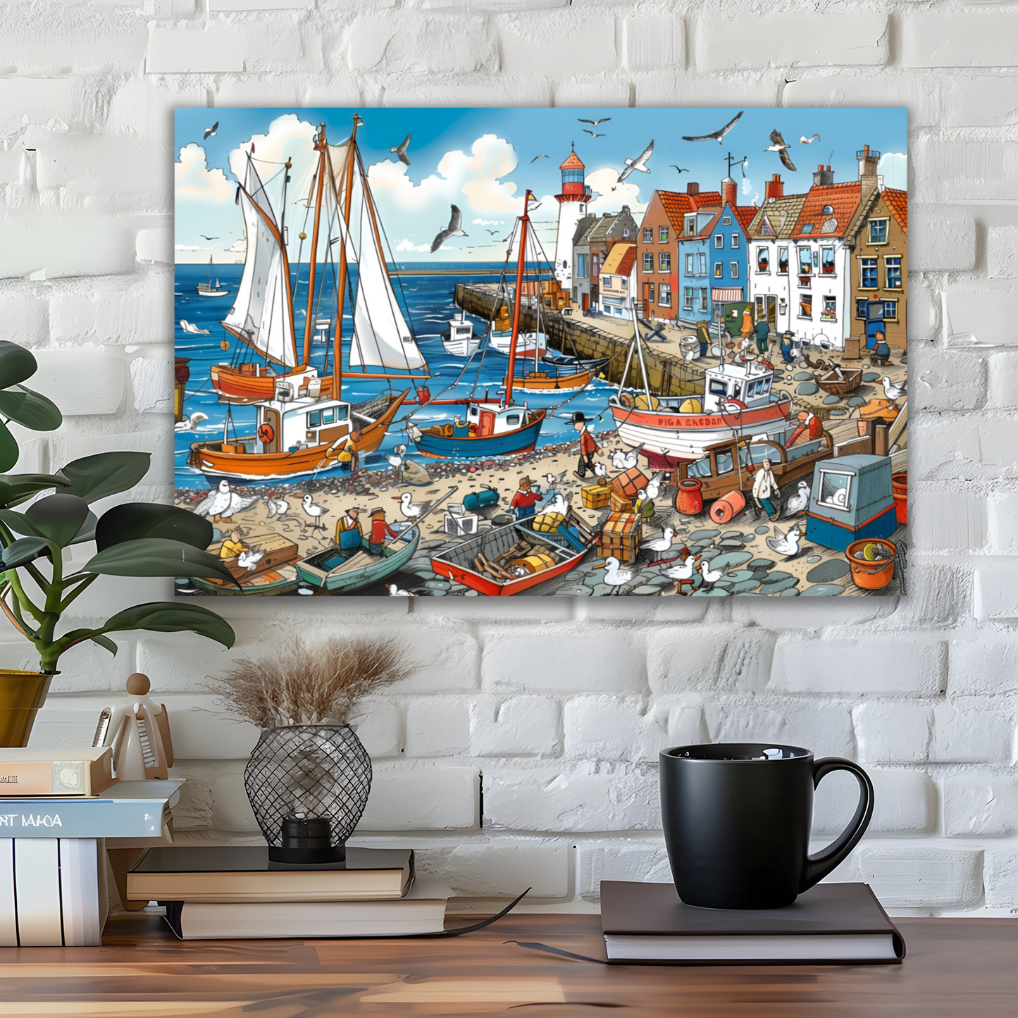 Seaside Harbor Bustle Deluxe Box Canvas Prints Landscape