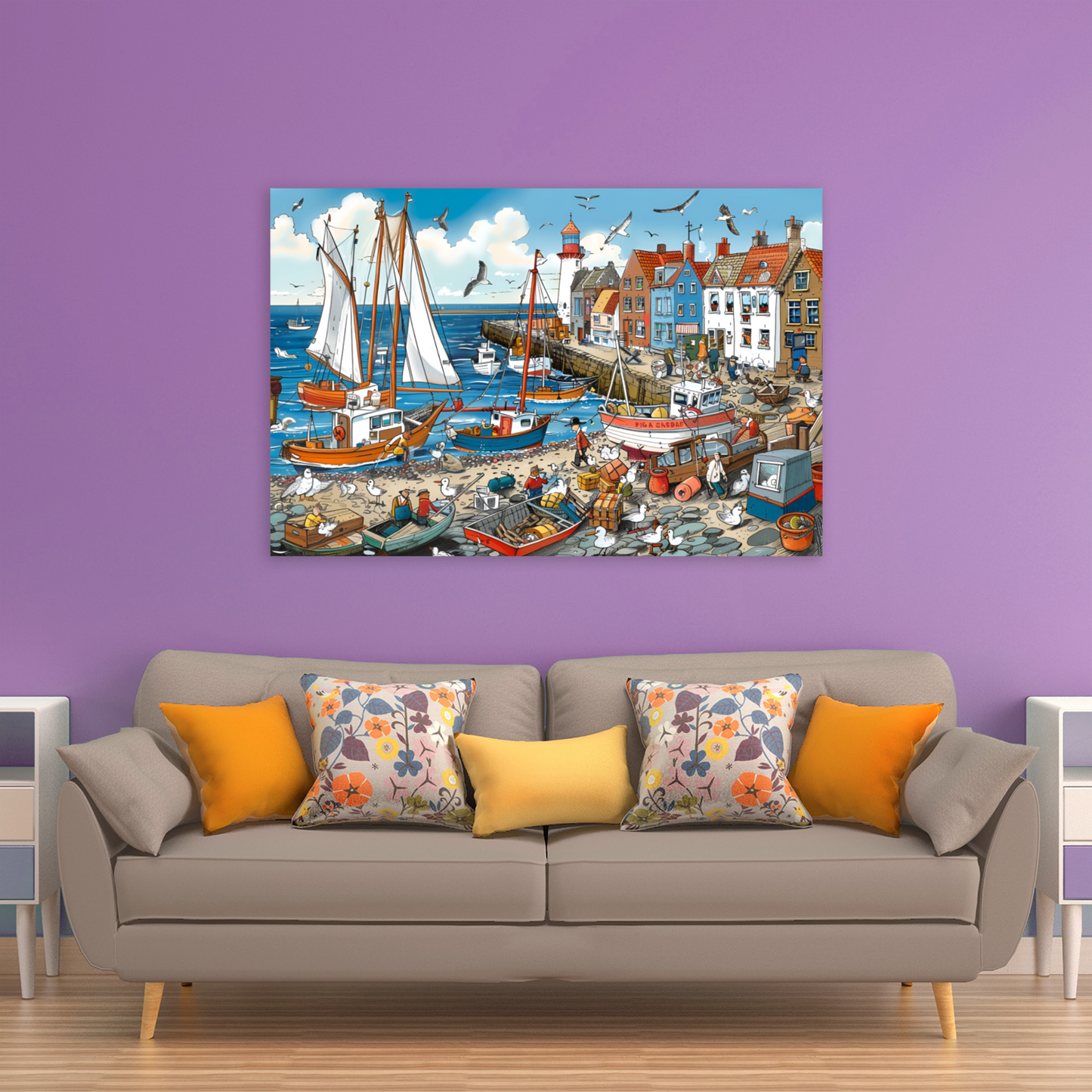 Seaside Harbor Bustle Deluxe Box Canvas Prints Landscape