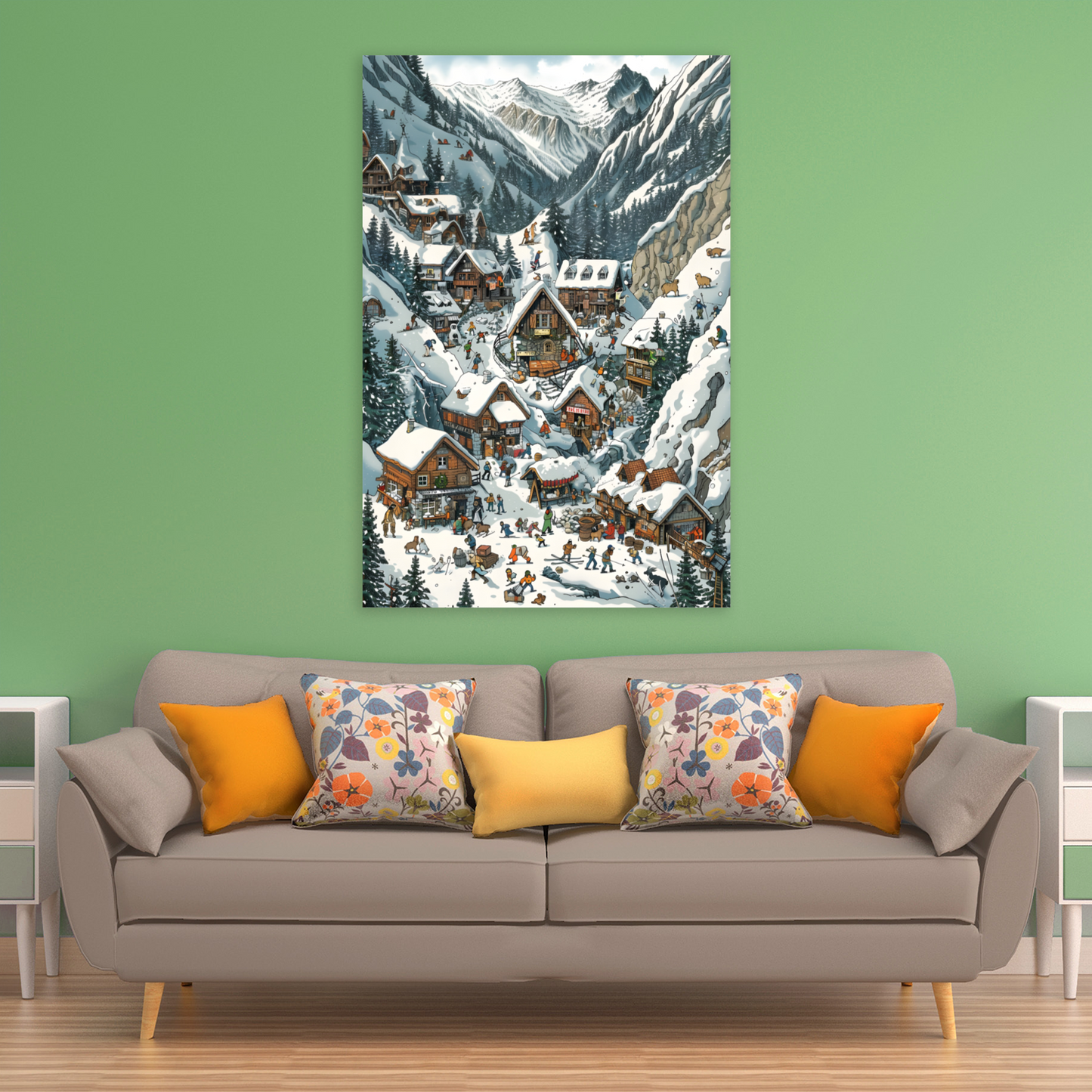 Snowy Mountain Village Deluxe Box Canvas Prints Portrait