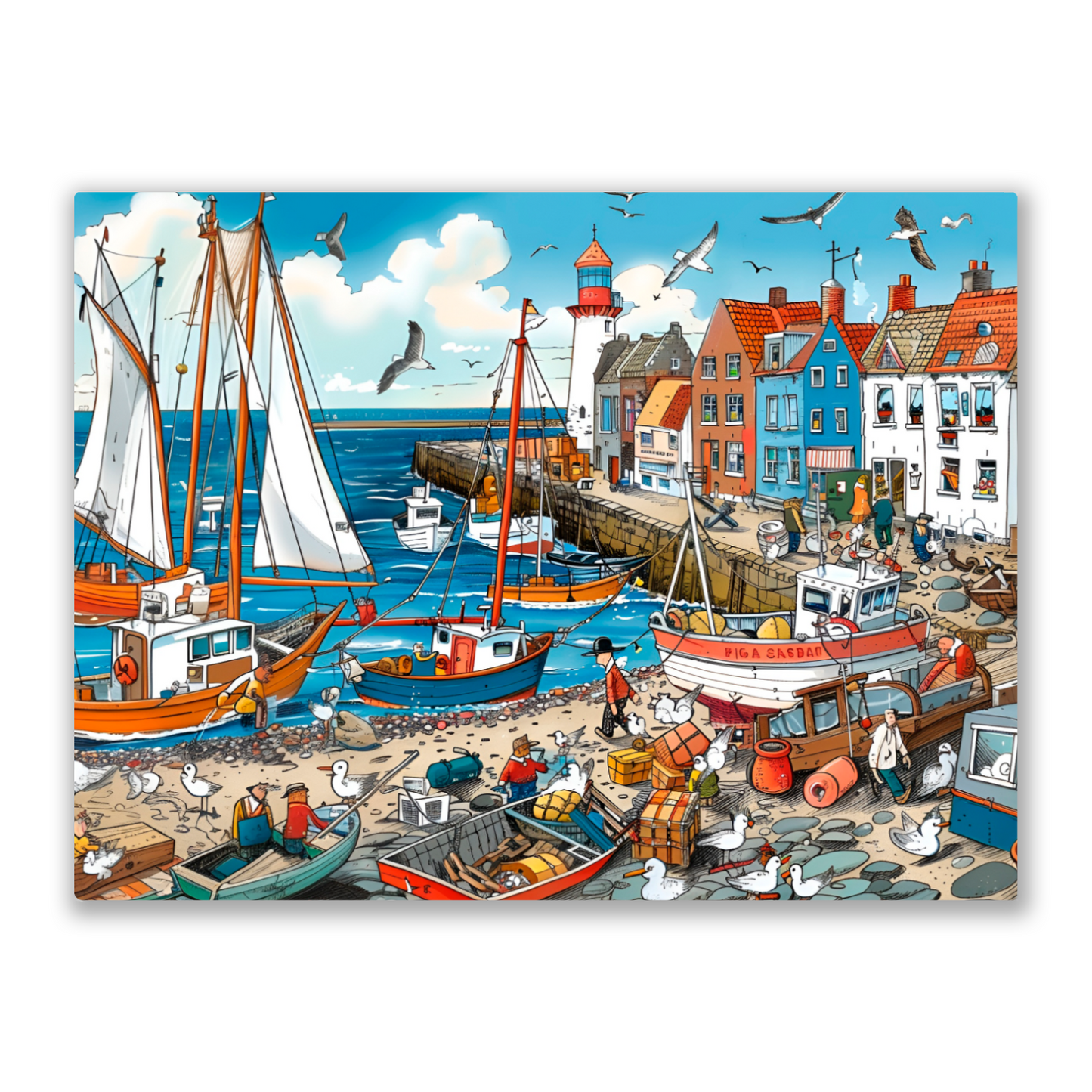 Seaside Harbor Bustle Premium Landscape Aluminum Prints