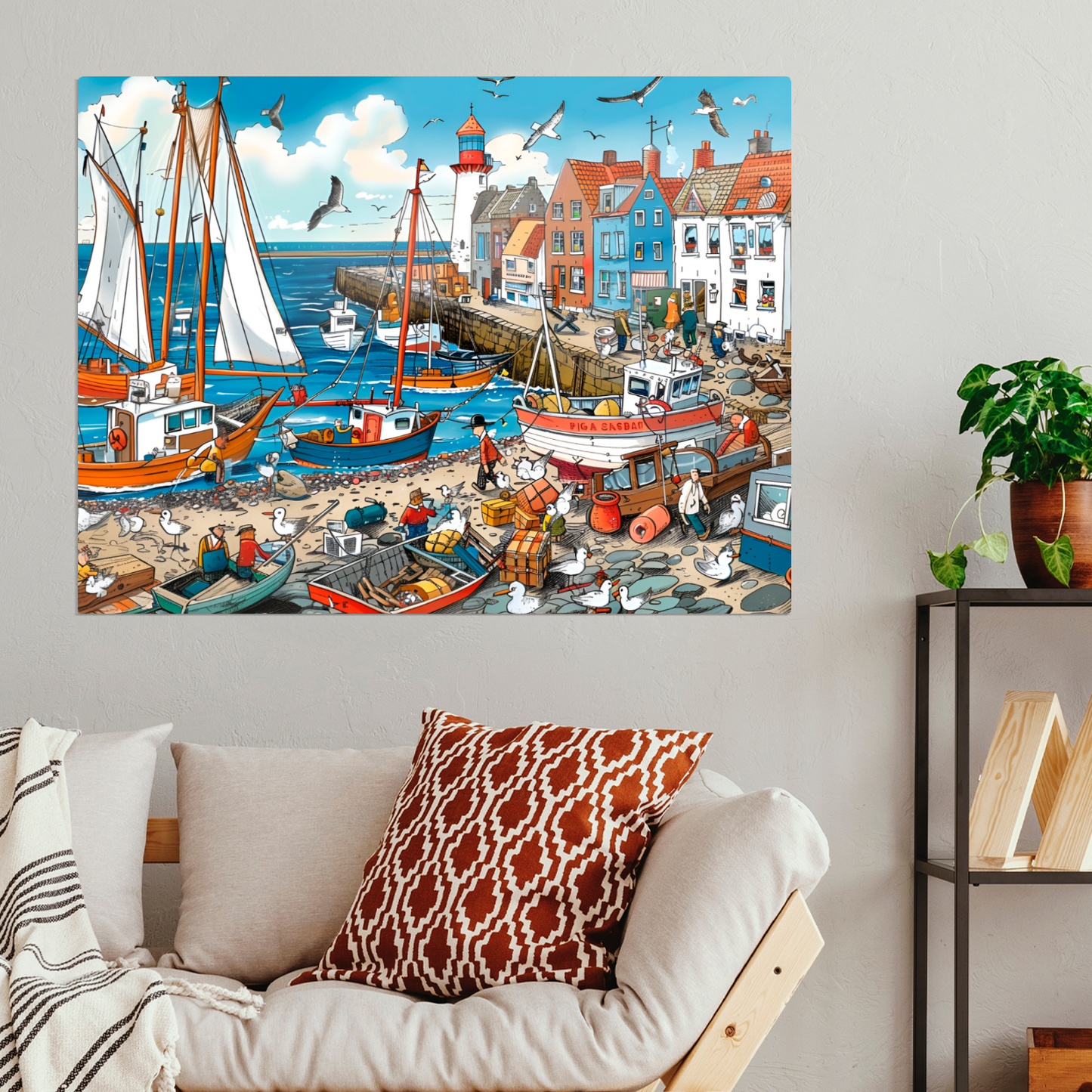 Seaside Harbor Bustle Premium Landscape Aluminum Prints