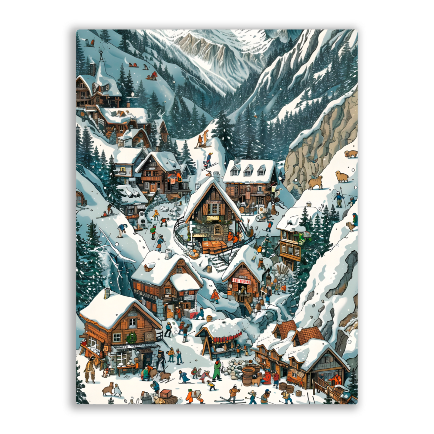 Snowy Mountain Village Premium Portrait Aluminum Prints