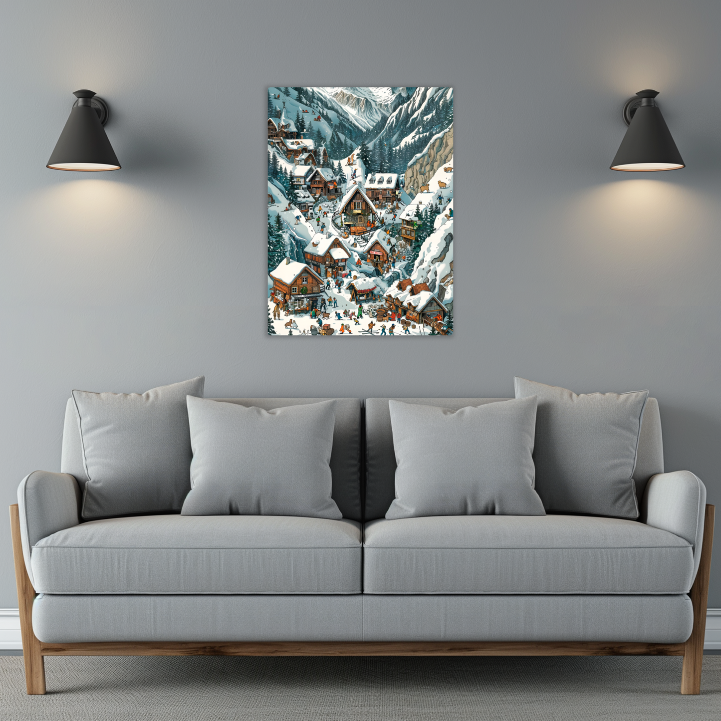 Snowy Mountain Village Premium Portrait Aluminum Prints
