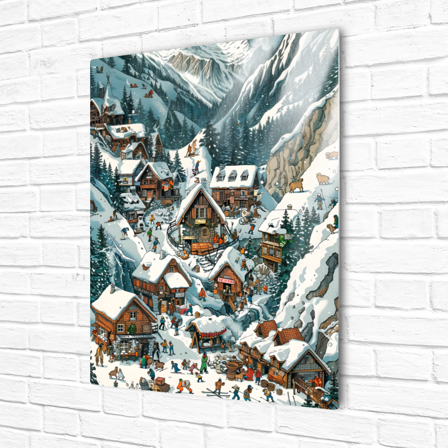 Snowy Mountain Village Premium Portrait Aluminum Prints