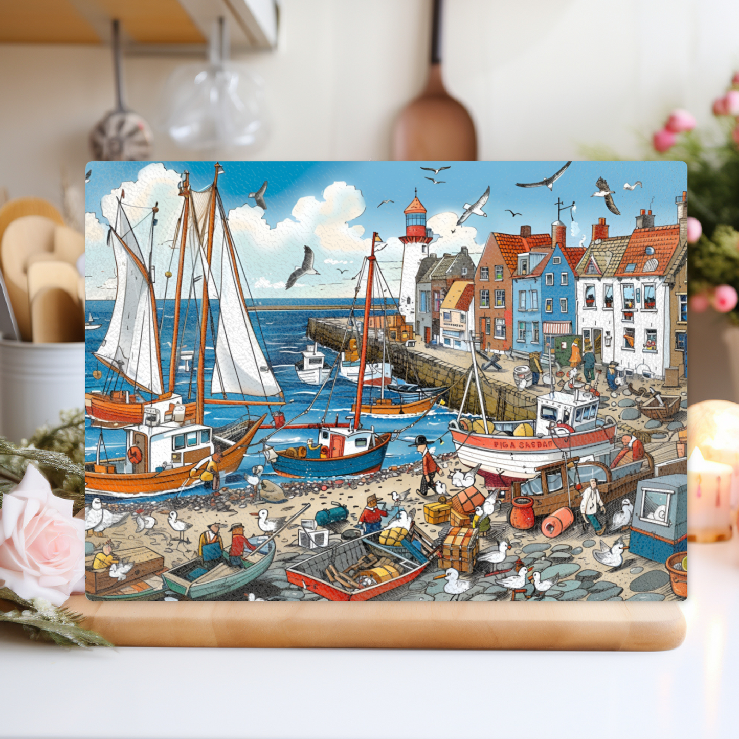 Seaside Harbor Bustle Textured Glass Chopping Boards