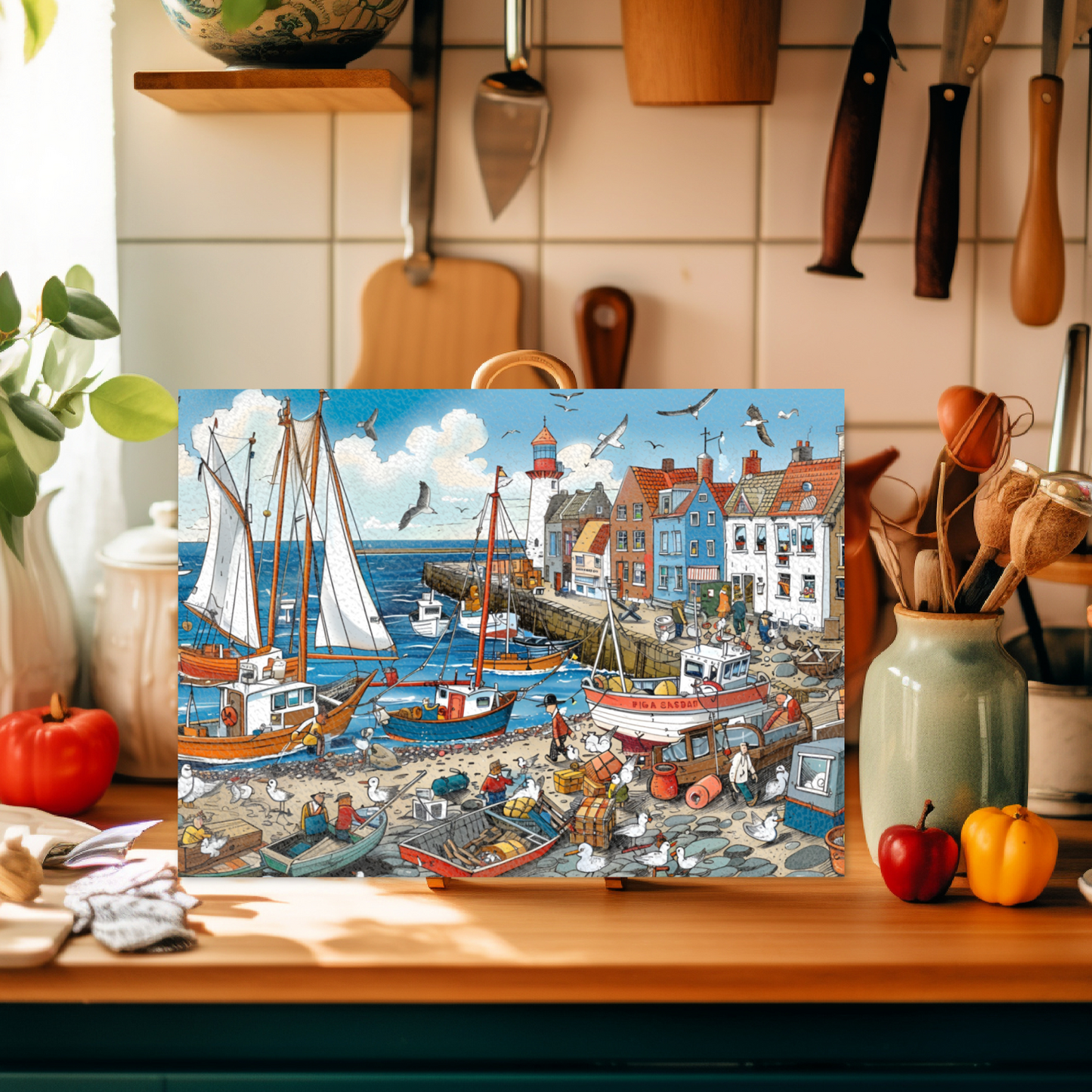Seaside Harbor Bustle Textured Glass Chopping Boards