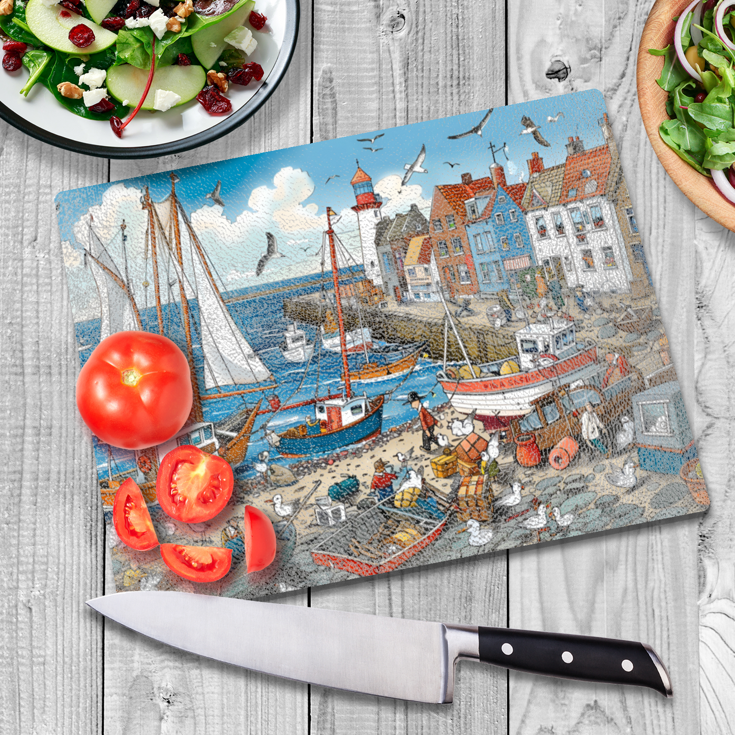 Seaside Harbor Bustle Textured Glass Chopping Boards