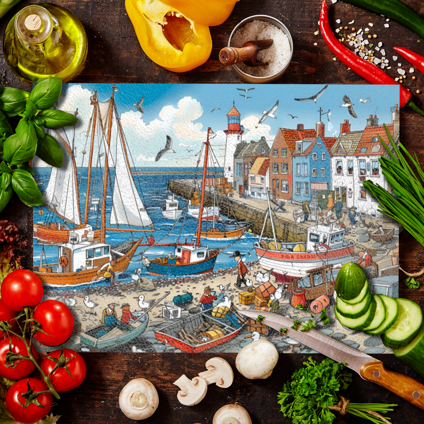 Seaside Harbor Bustle Textured Glass Chopping Boards