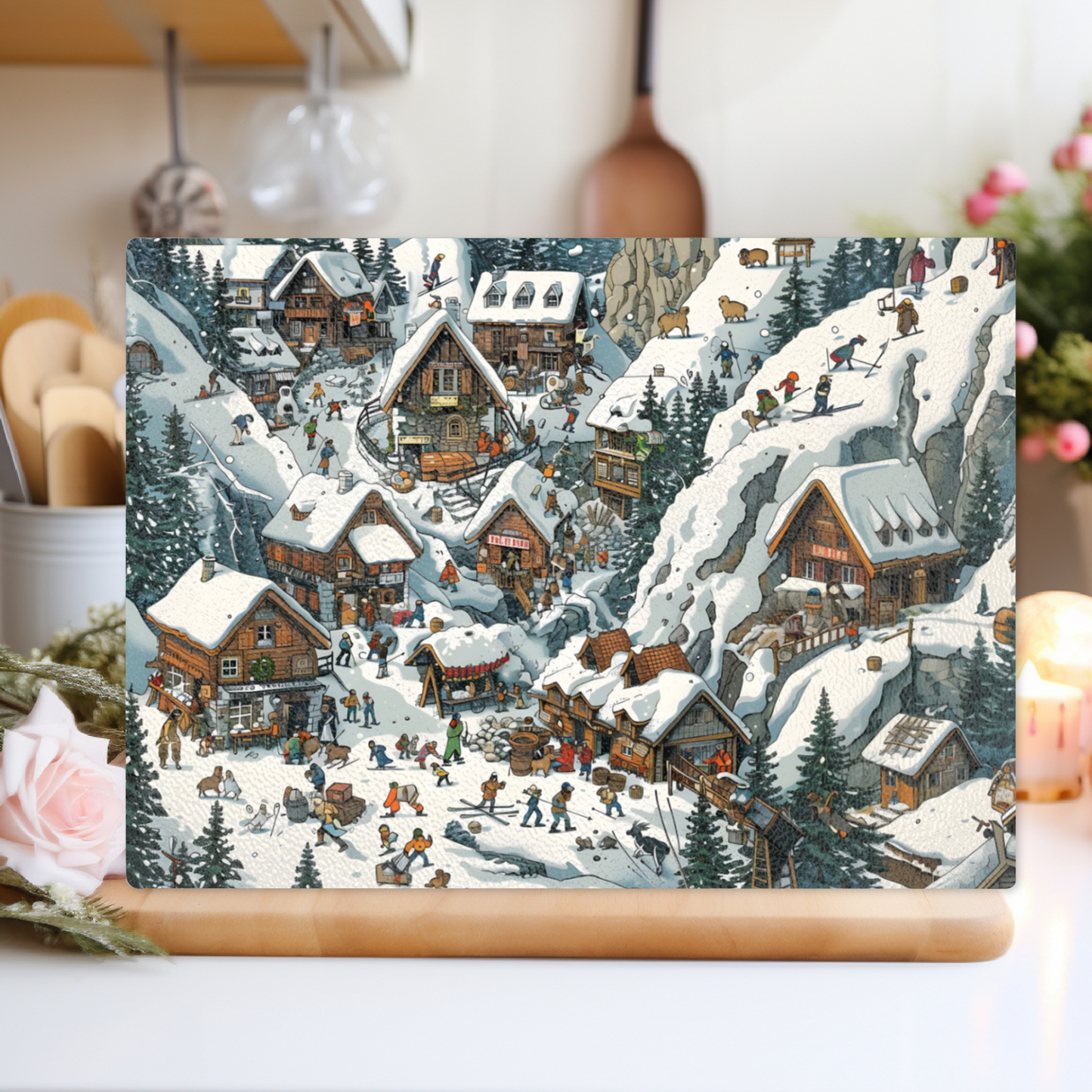 Snowy Mountain Village Textured Glass Chopping Boards