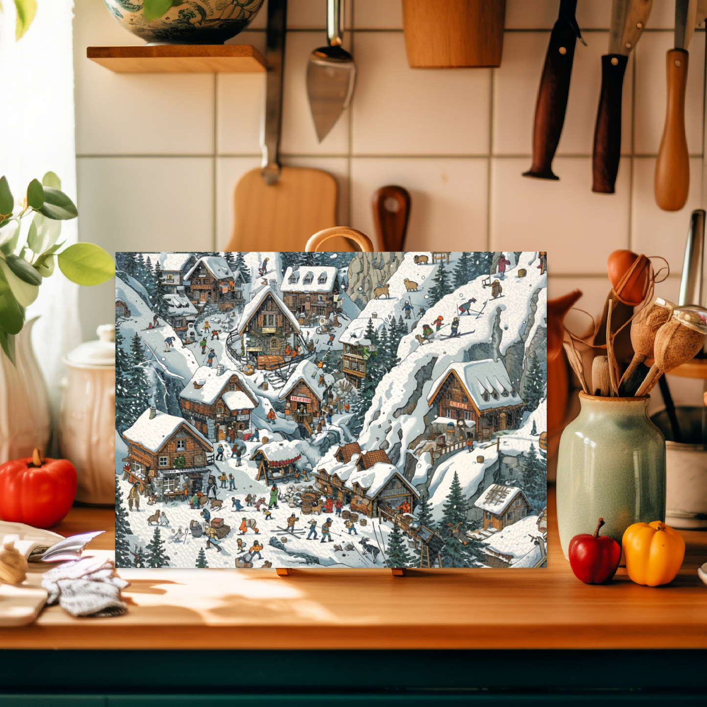 Snowy Mountain Village Textured Glass Chopping Boards