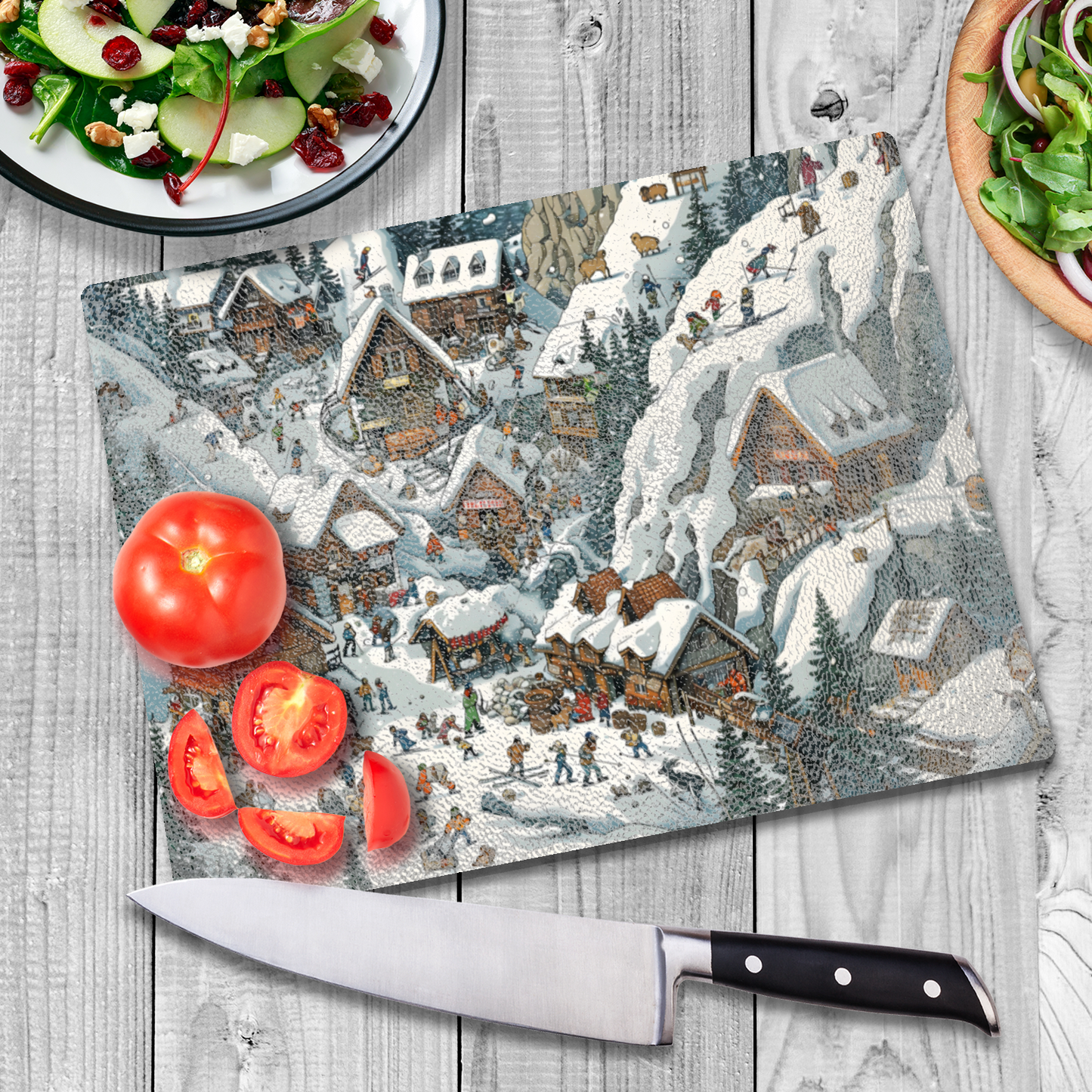 Snowy Mountain Village Textured Glass Chopping Boards