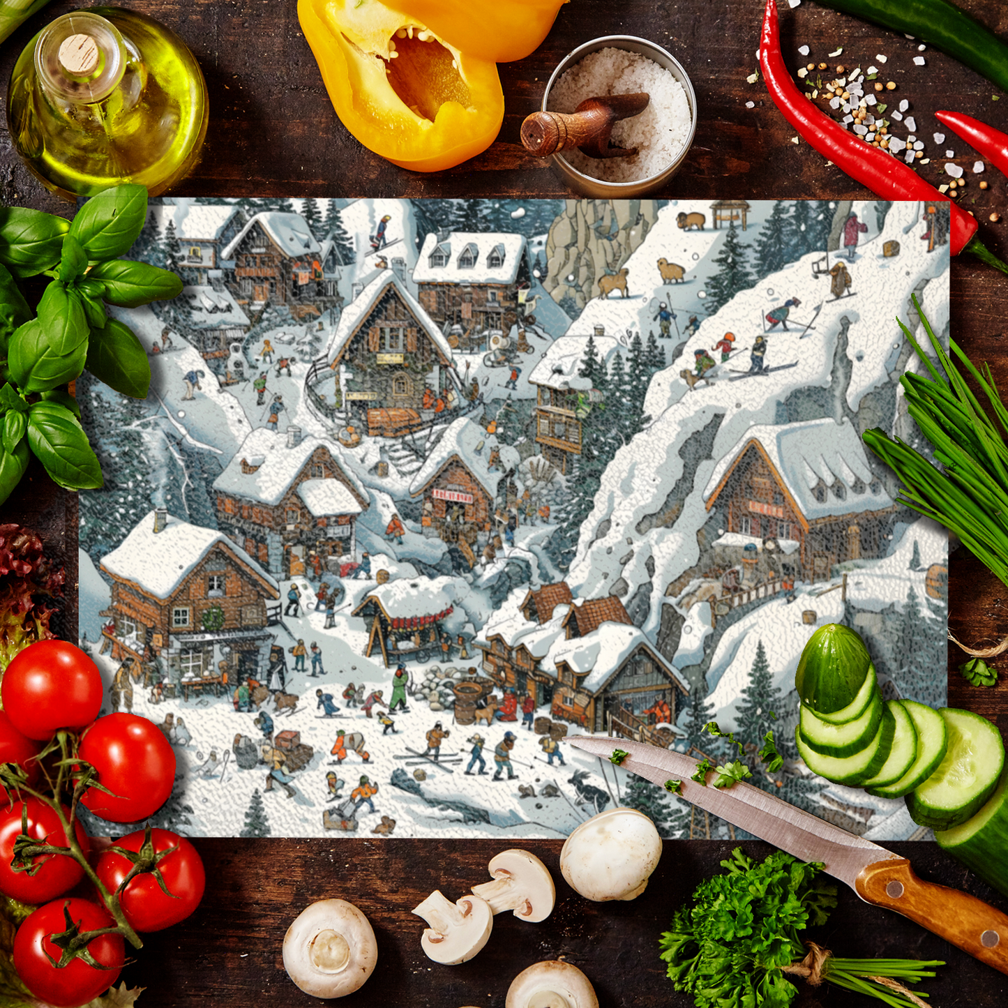 Snowy Mountain Village Textured Glass Chopping Boards