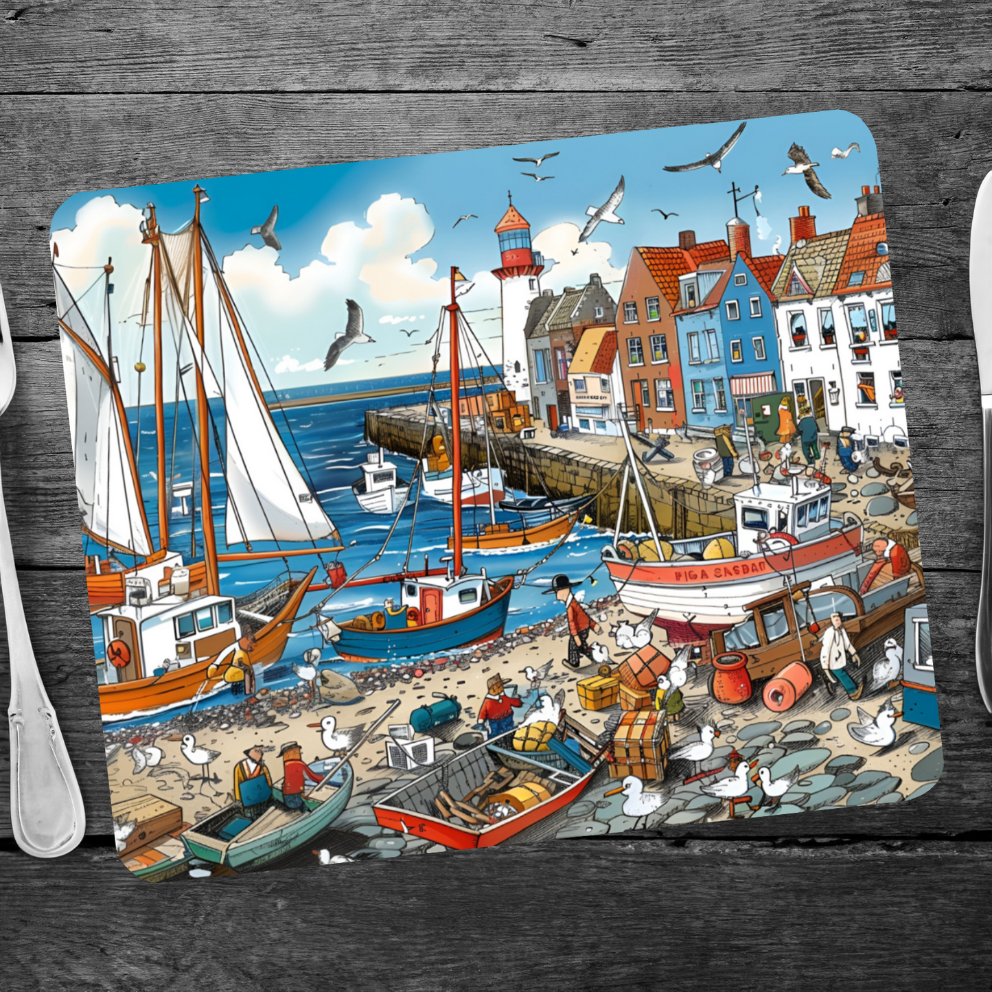 Seaside Harbor Bustle Wooden Placemat