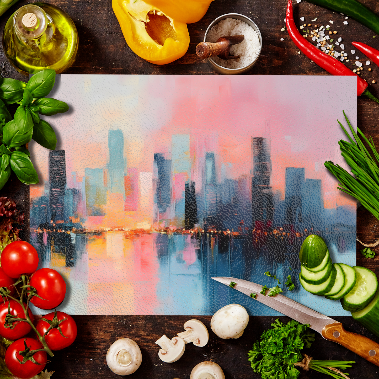 City Lights at Dusk Textured Glass Chopping Boards