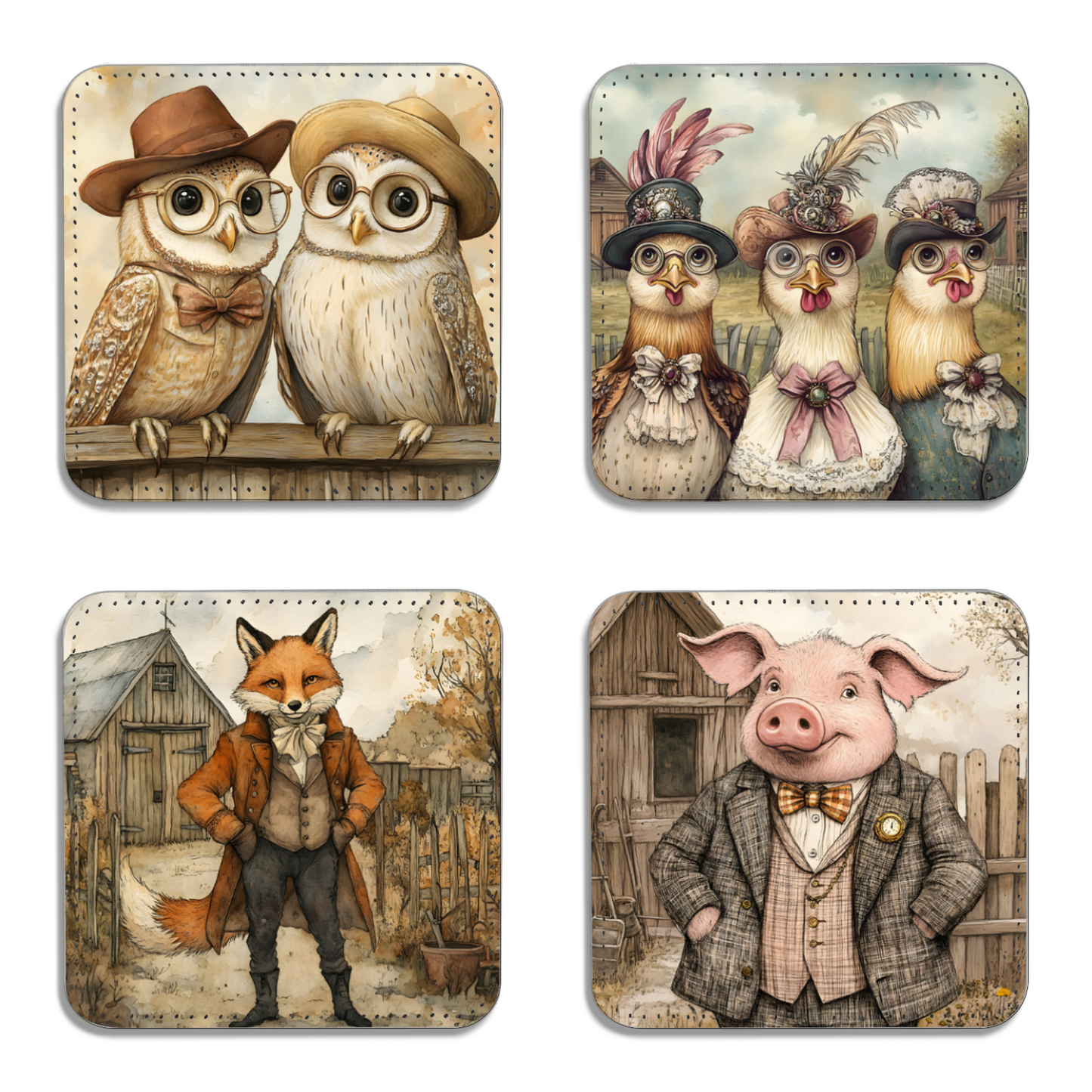 Farmyard Elegance Set Of 4 PU Leather Coasters