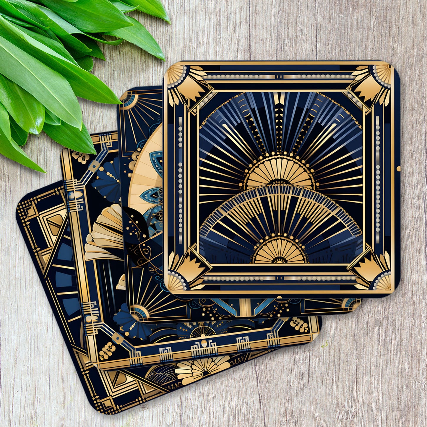 Deco Elegance In Blue Art Deco Set Of 4 PU Leather Coasters