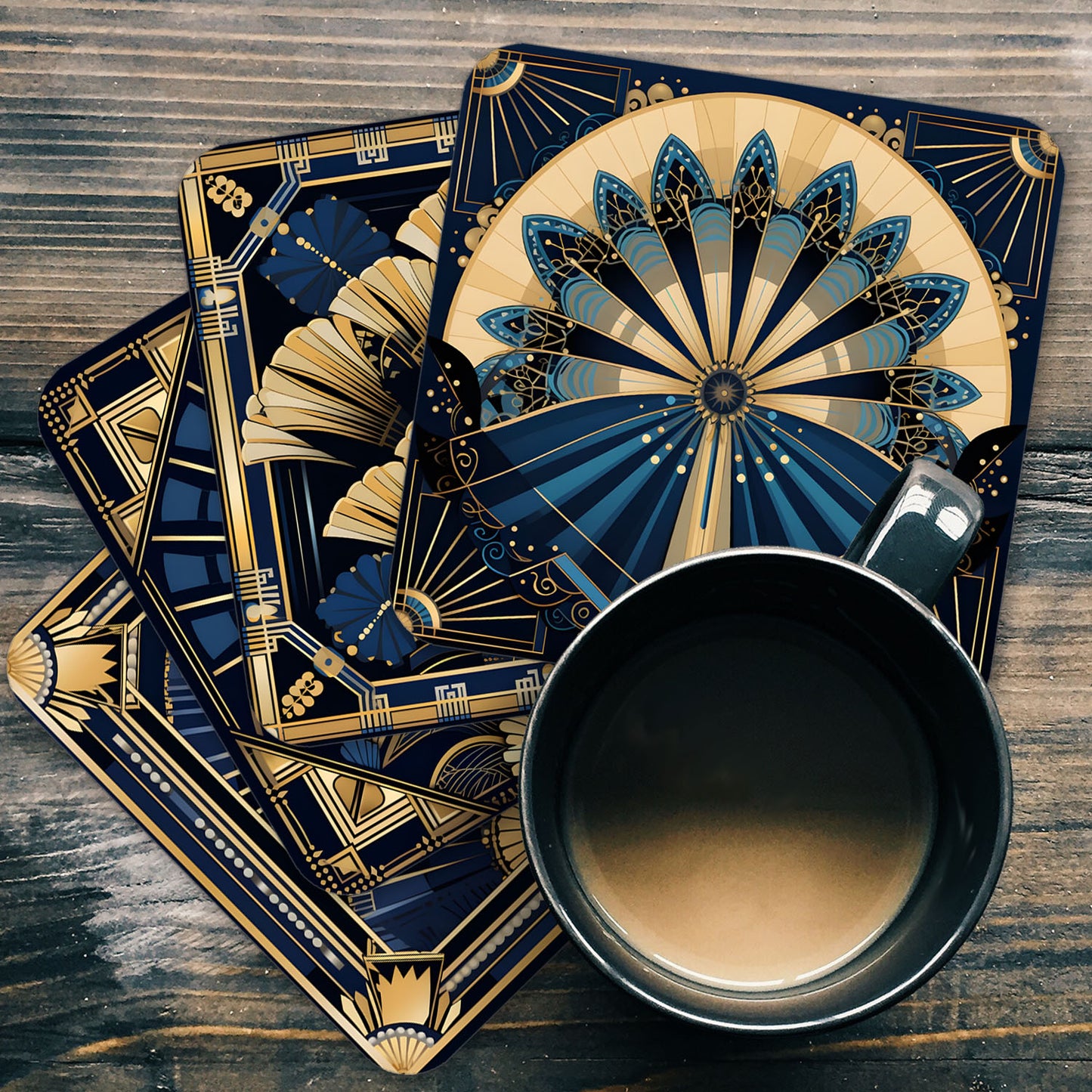 Deco Elegance In Blue Art Deco Set Of 4 PU Leather Coasters