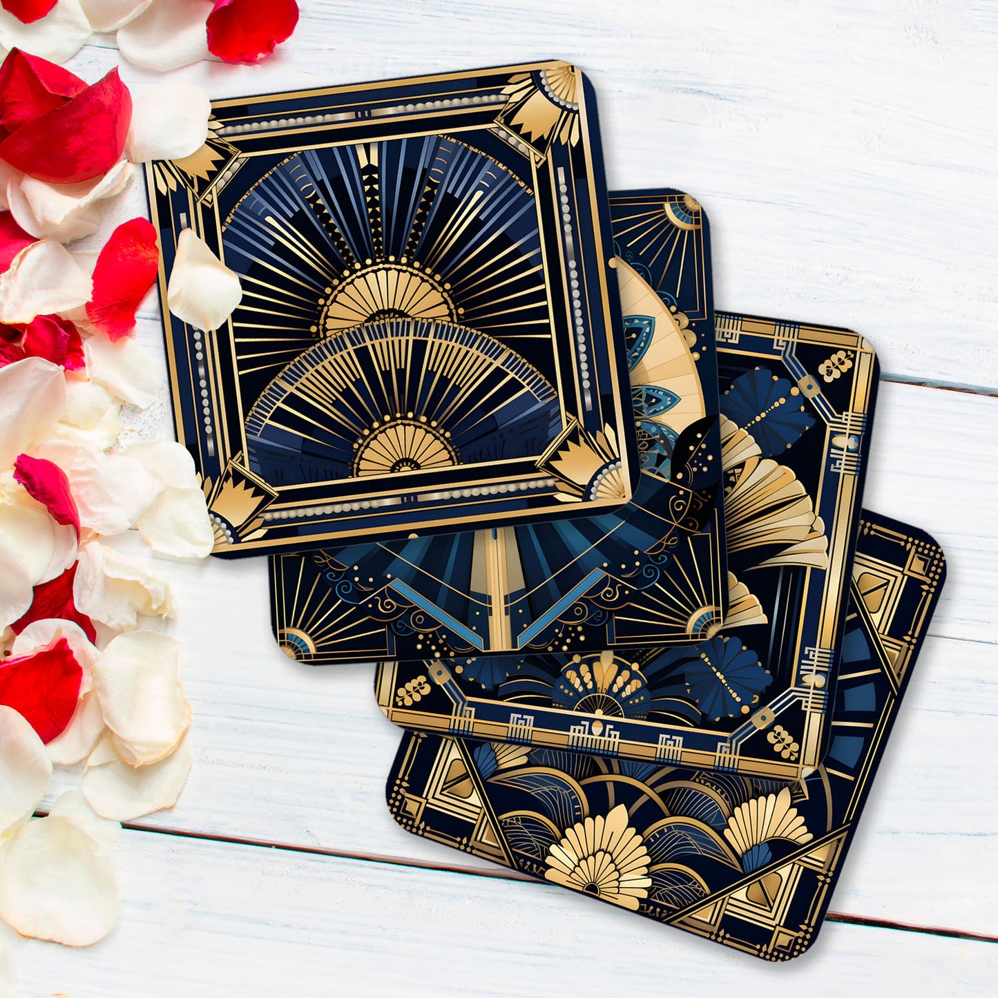 Deco Elegance In Blue Art Deco Set Of 4 PU Leather Coasters