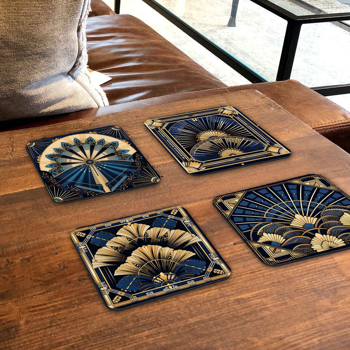 Deco Elegance In Blue Art Deco Set Of 4 PU Leather Coasters