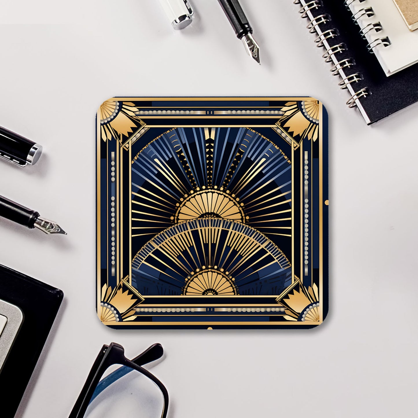Deco Elegance In Blue Art Deco Set Of 4 PU Leather Coasters