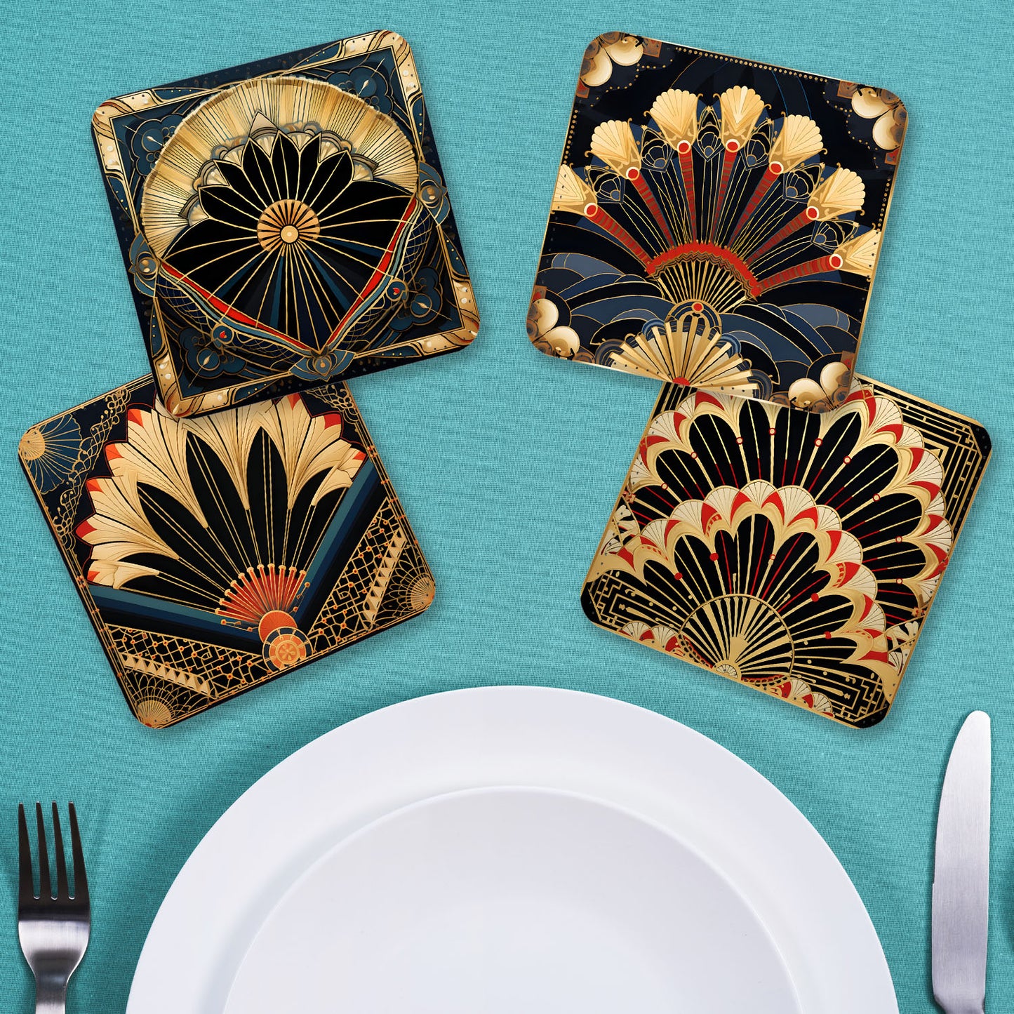 Deco Elegance In Red Art Deco Set Of 4 PU Leather Coasters