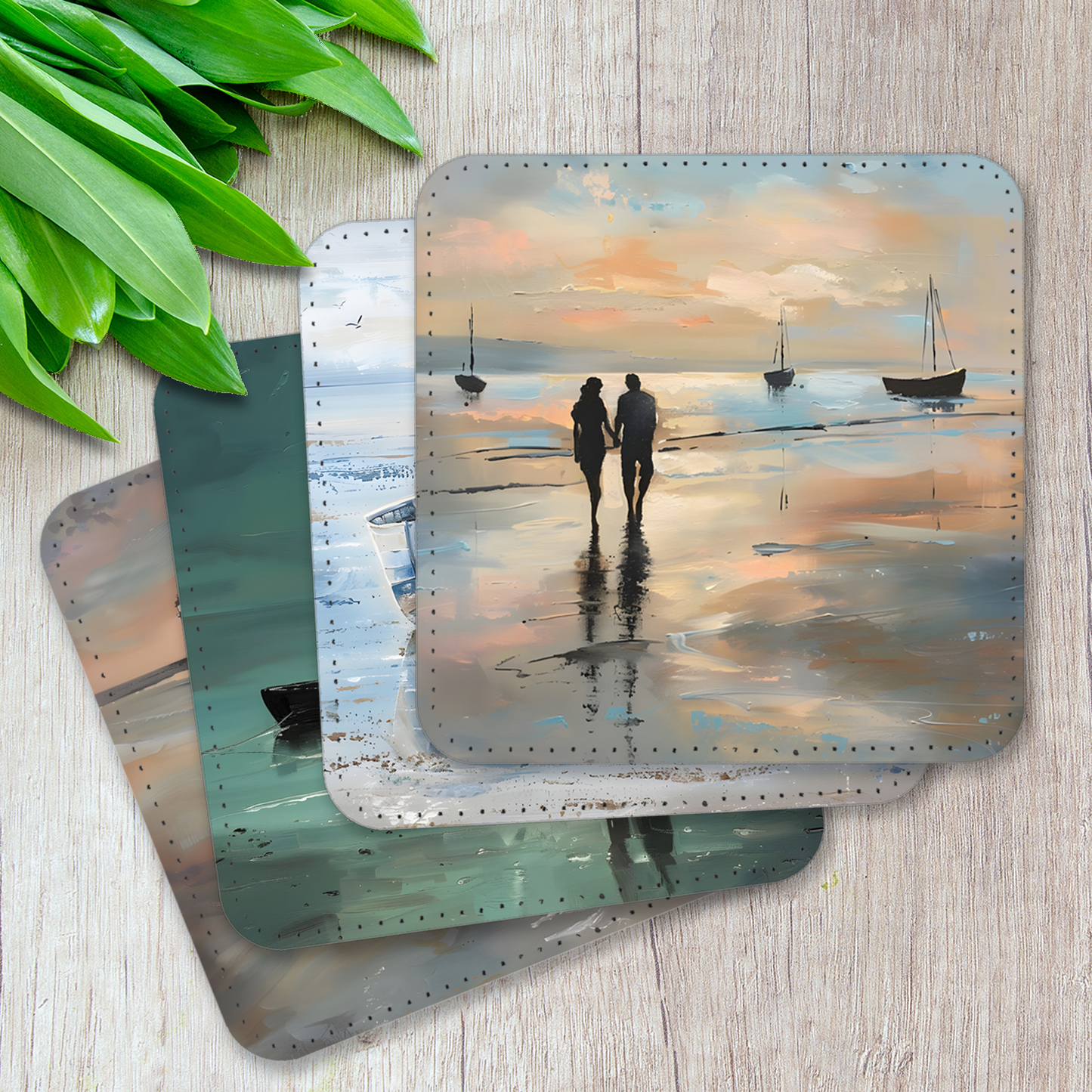 Coastal Whispers Series Set Of 4 PU Leather Coasters