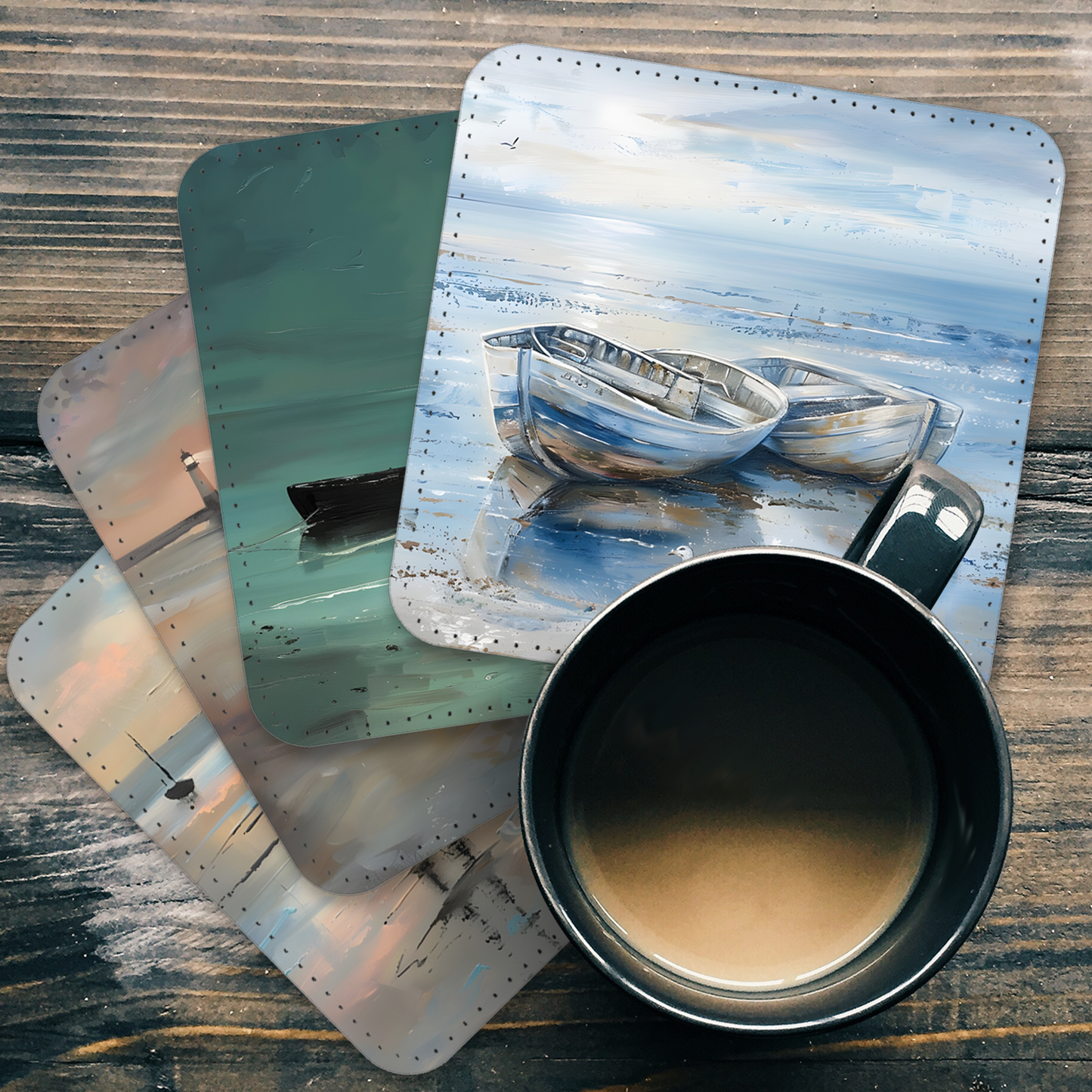 Coastal Whispers Series Set Of 4 PU Leather Coasters