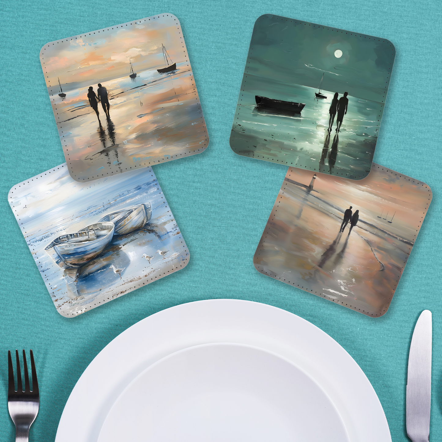 Coastal Whispers Series Set Of 4 PU Leather Coasters