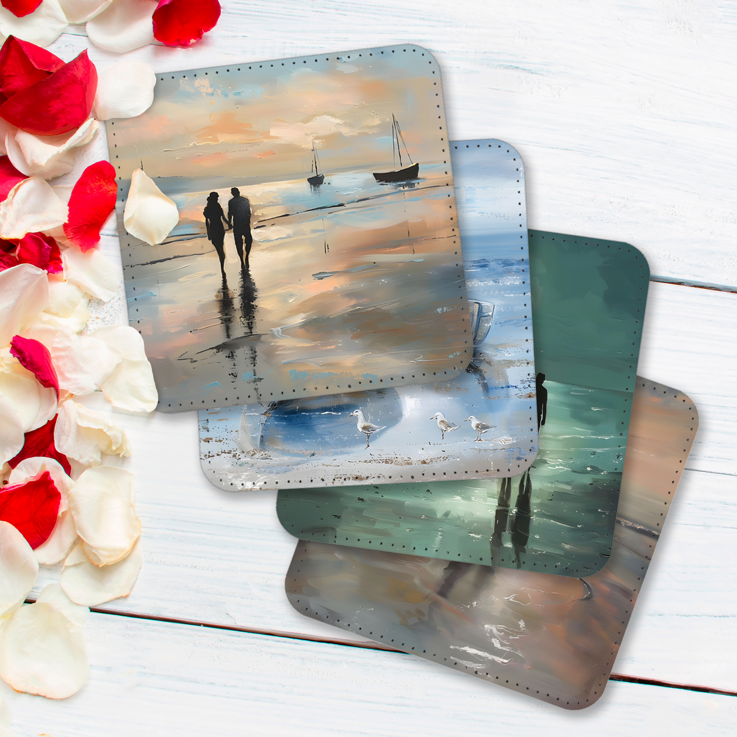 Coastal Whispers Series Set Of 4 PU Leather Coasters