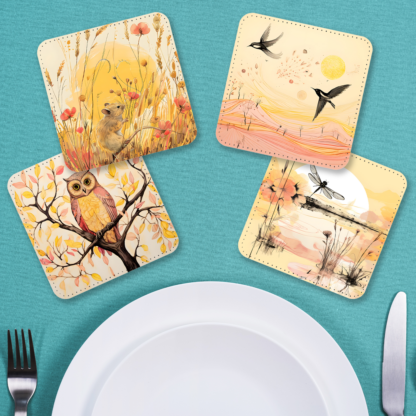 Whimsical Wildlife Set Of 4 PU Leather Coasters