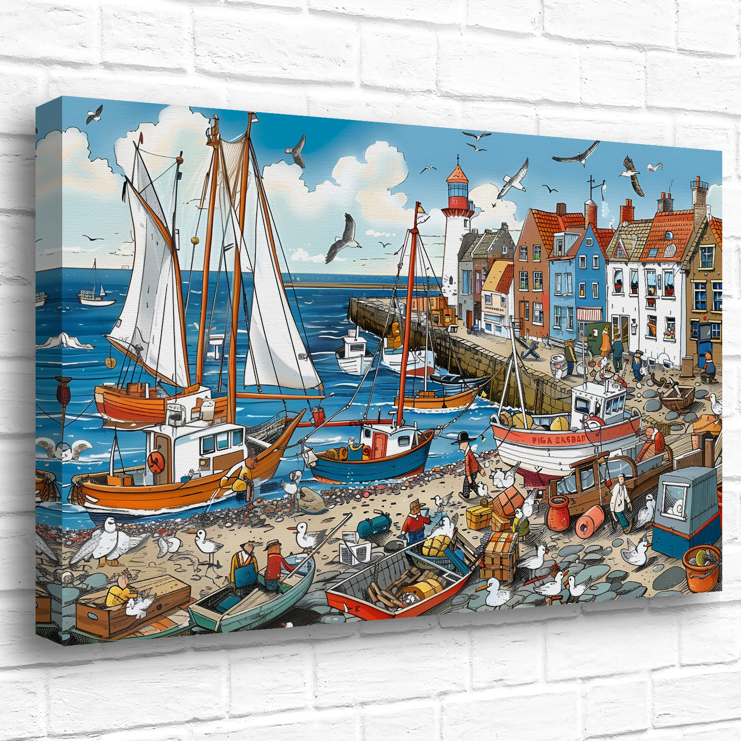 Seaside Harbor Bustle Deluxe Box Canvas Prints Landscape