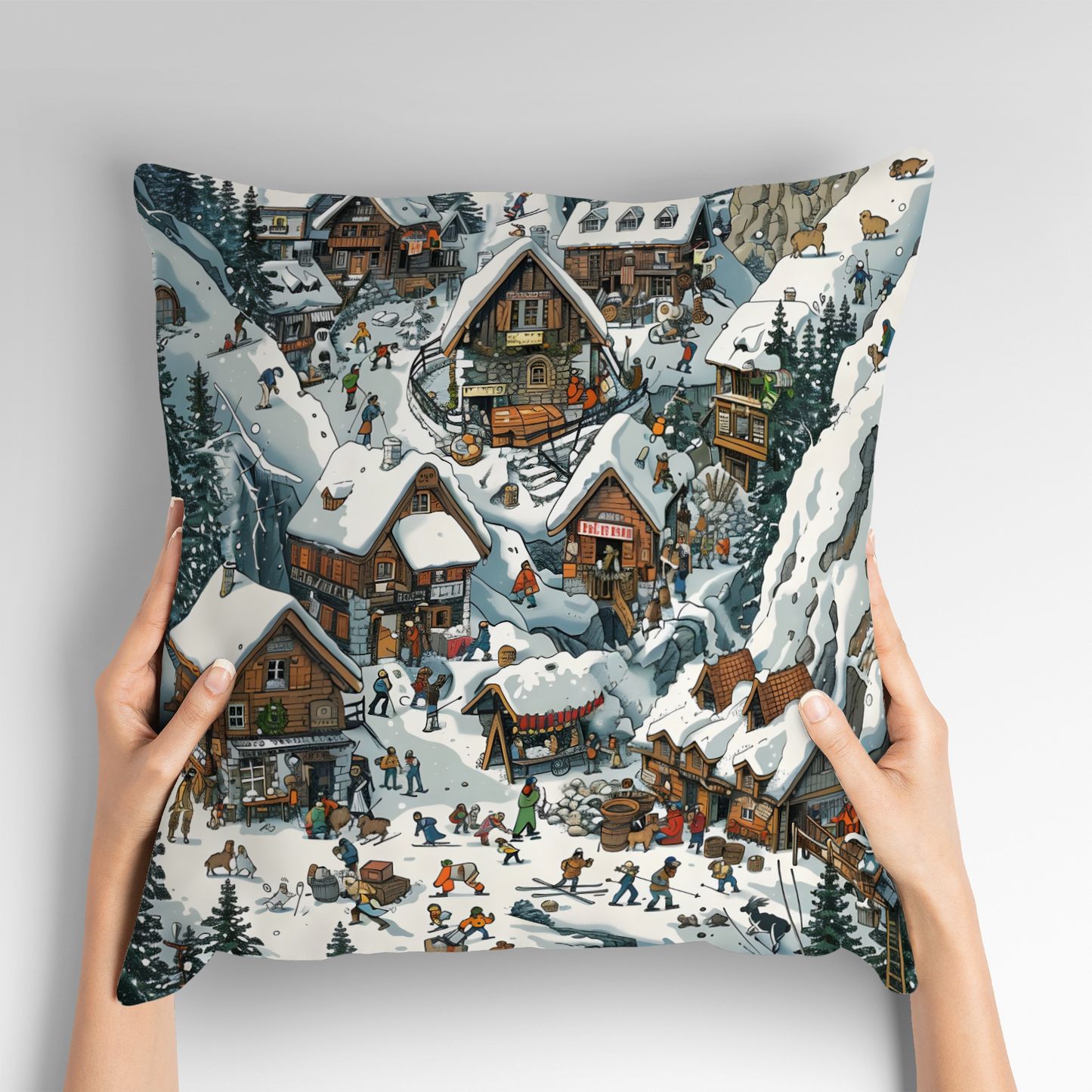 Snowy Mountain Village Hand Made Poly Linen Cushions