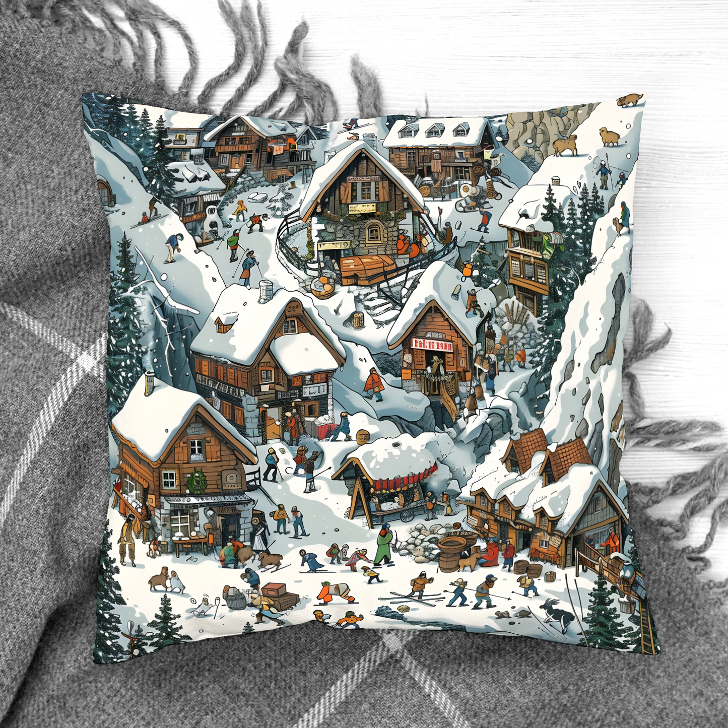 Snowy Mountain Village Hand Made Poly Linen Cushions