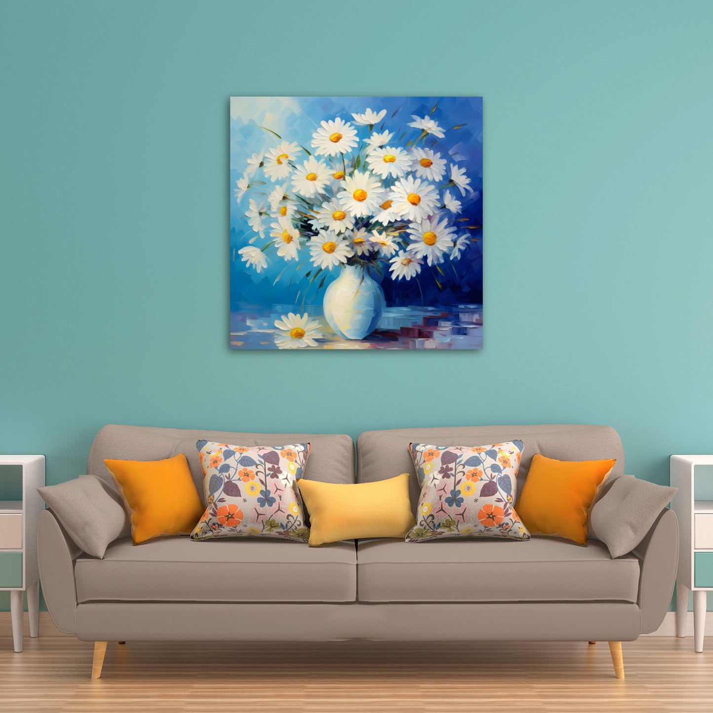 Sunlit Daisies in Blue Deluxe Box Square Canvas Print